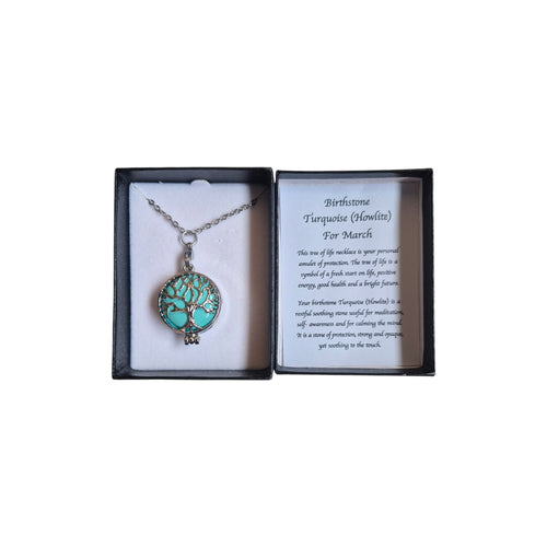 Birthstone Turquoise (Howlite) March Tree of Life Necklace nz