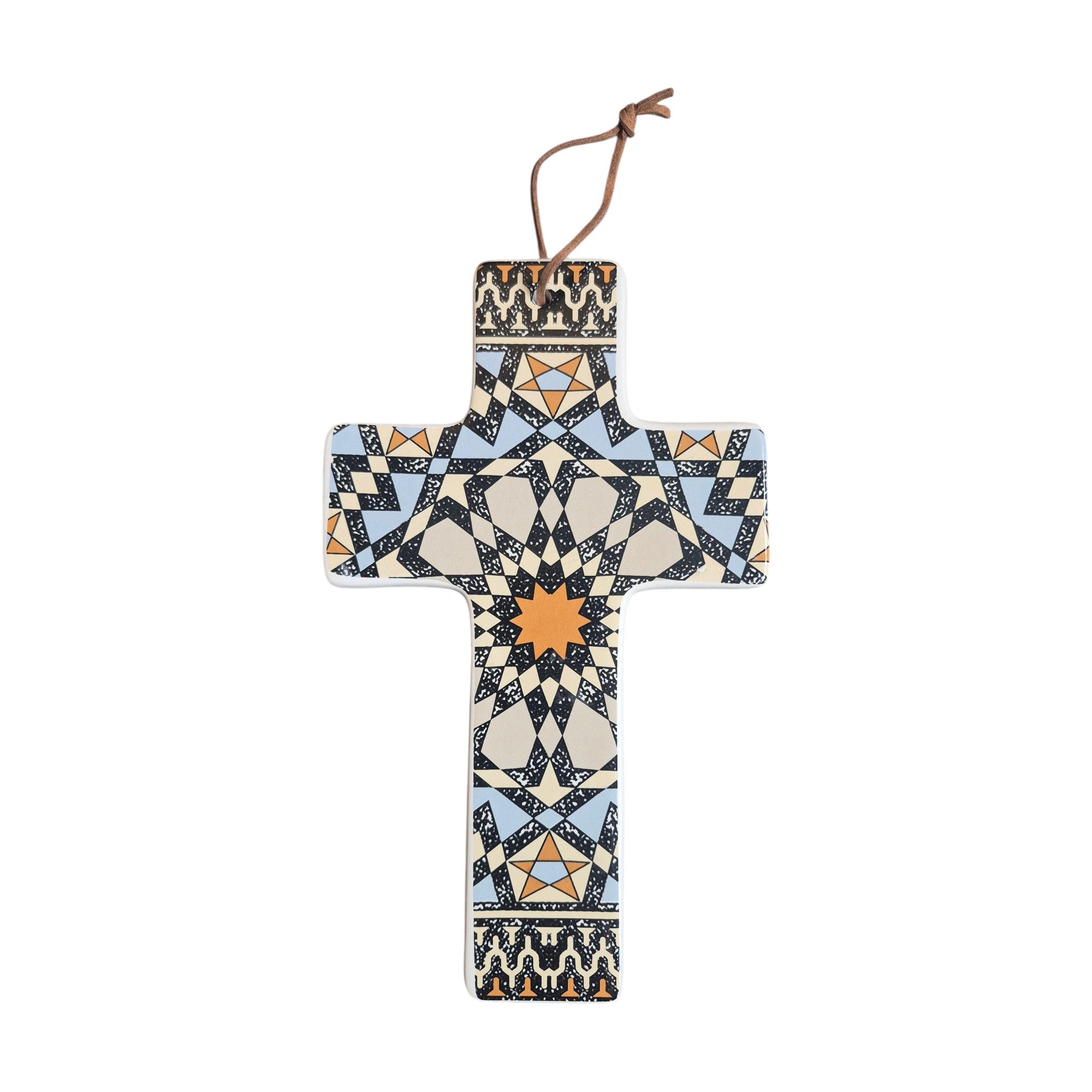Large black ceramic wall cross with orange star designs, 23cm by 14cm, by Loren Boyd, decorative wall decor piece. nz