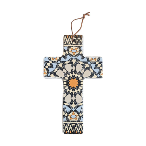 Large black ceramic wall cross with orange star designs, 23cm by 14cm, by Loren Boyd, decorative wall decor piece. nz