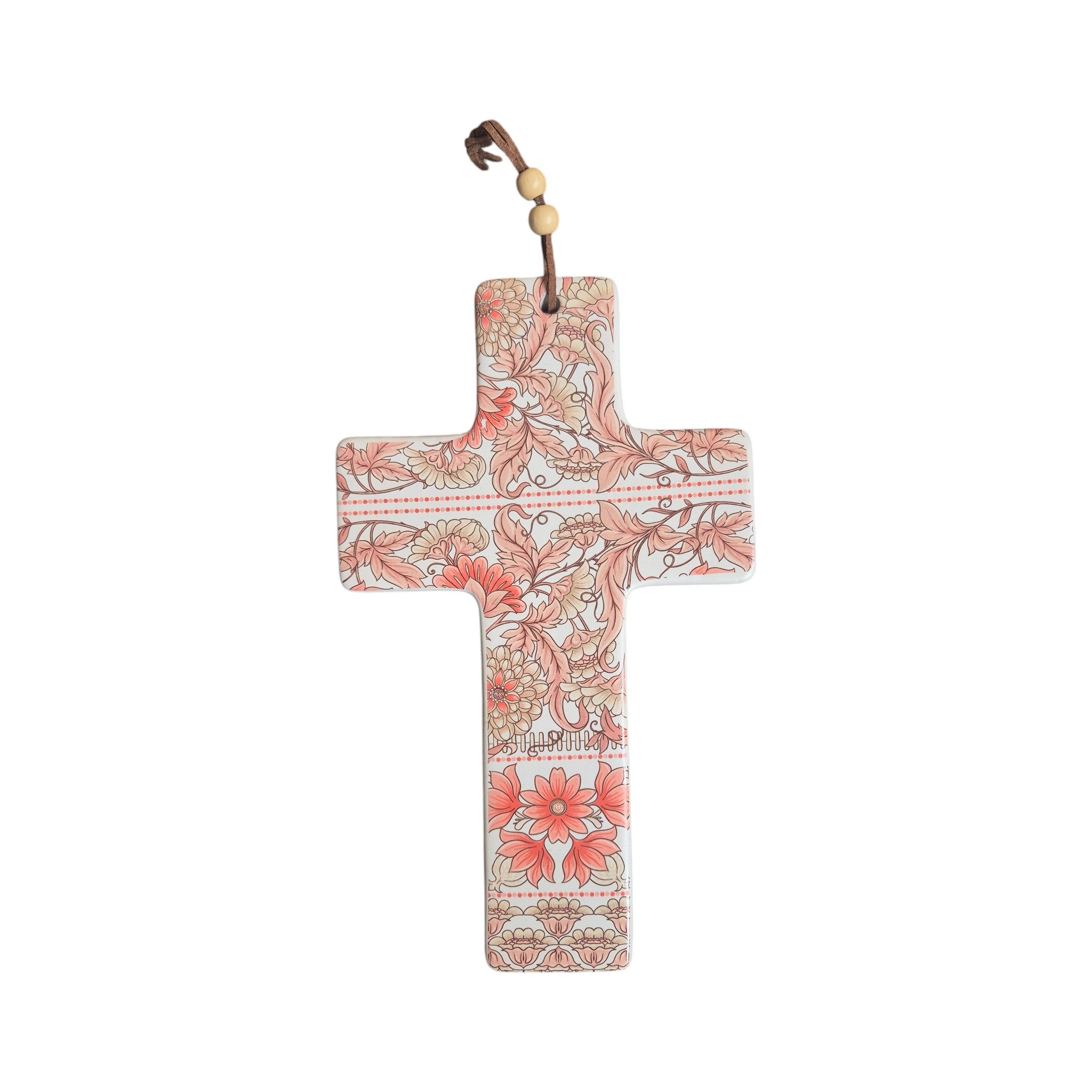 Salmon Floral Ceramic Cross Large 23cm x 14cm nz