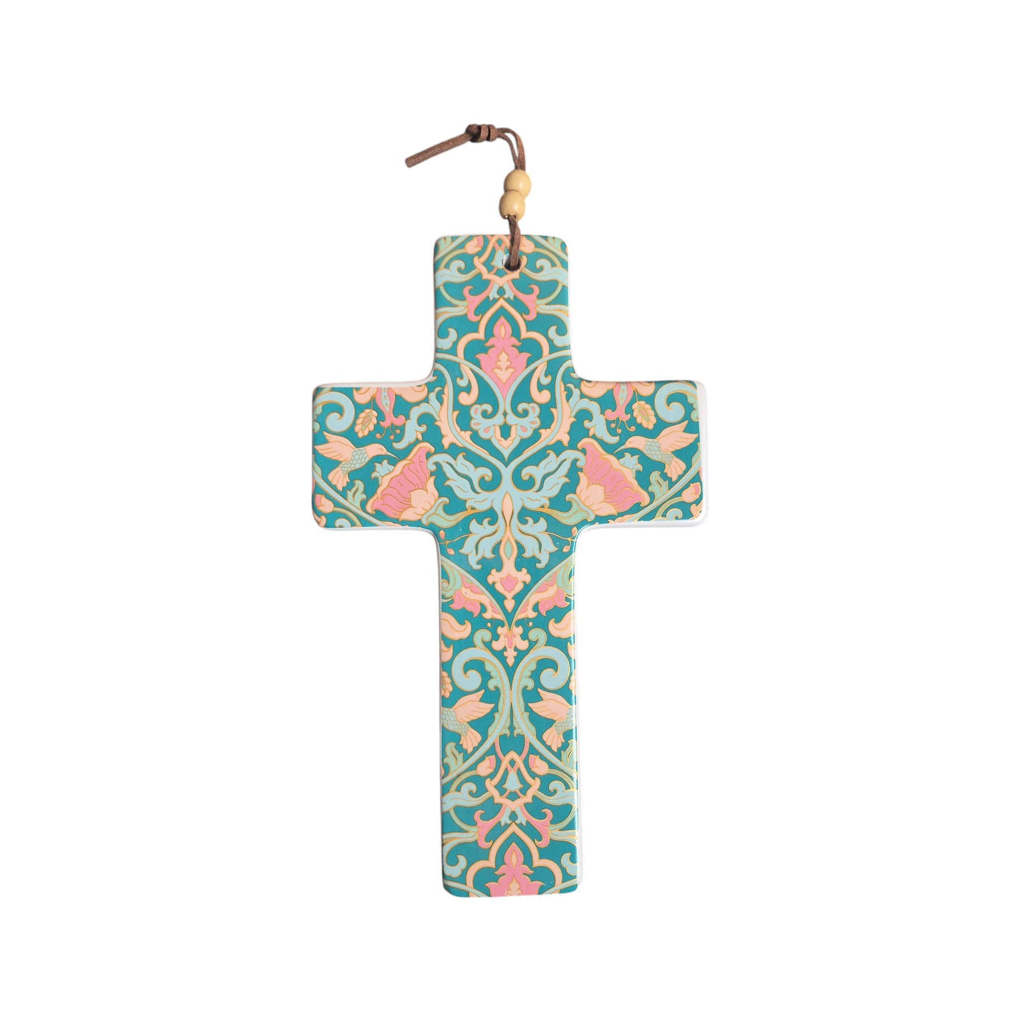 Green Pink Flower Bird Ceramic Cross Large 23cm x 14cm nz