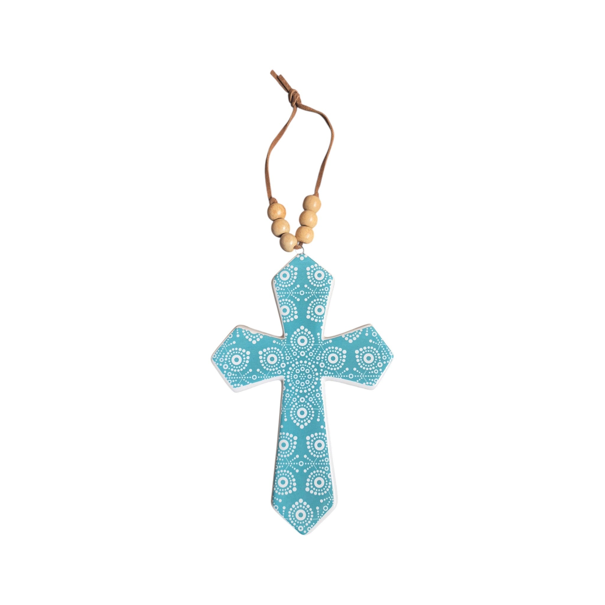 Indigenous Aqua Ceramic Hanging Cross Small 14.5cm x 9.5cm nz