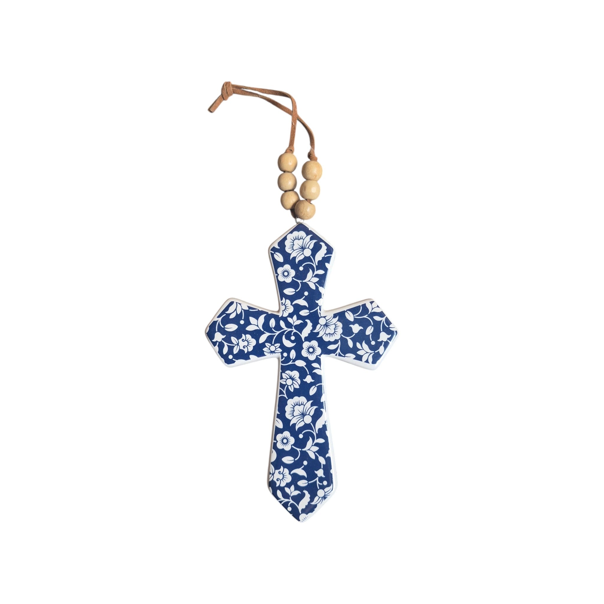 Hamptons Navy Floral Ceramic Hanging Cross Small 14.5cm x 9.5cm nz