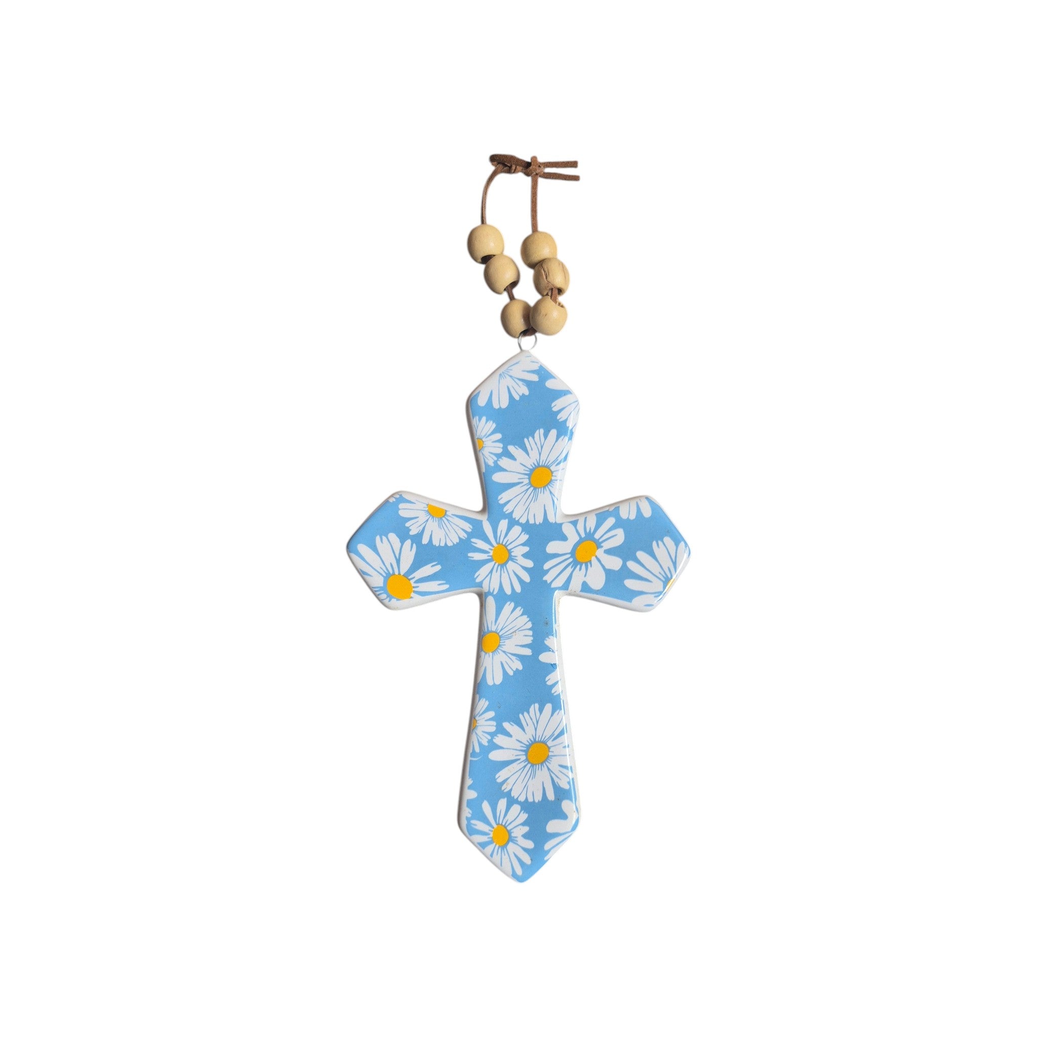 Blue Daisy ceramic hanging cross wall decor by Loren Boyd, measuring 14.5cm x 9.5cm, featuring a delicate floral design. nz