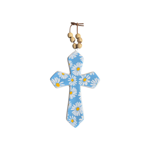 Blue Daisy ceramic hanging cross wall decor by Loren Boyd, measuring 14.5cm x 9.5cm, featuring a delicate floral design. nz