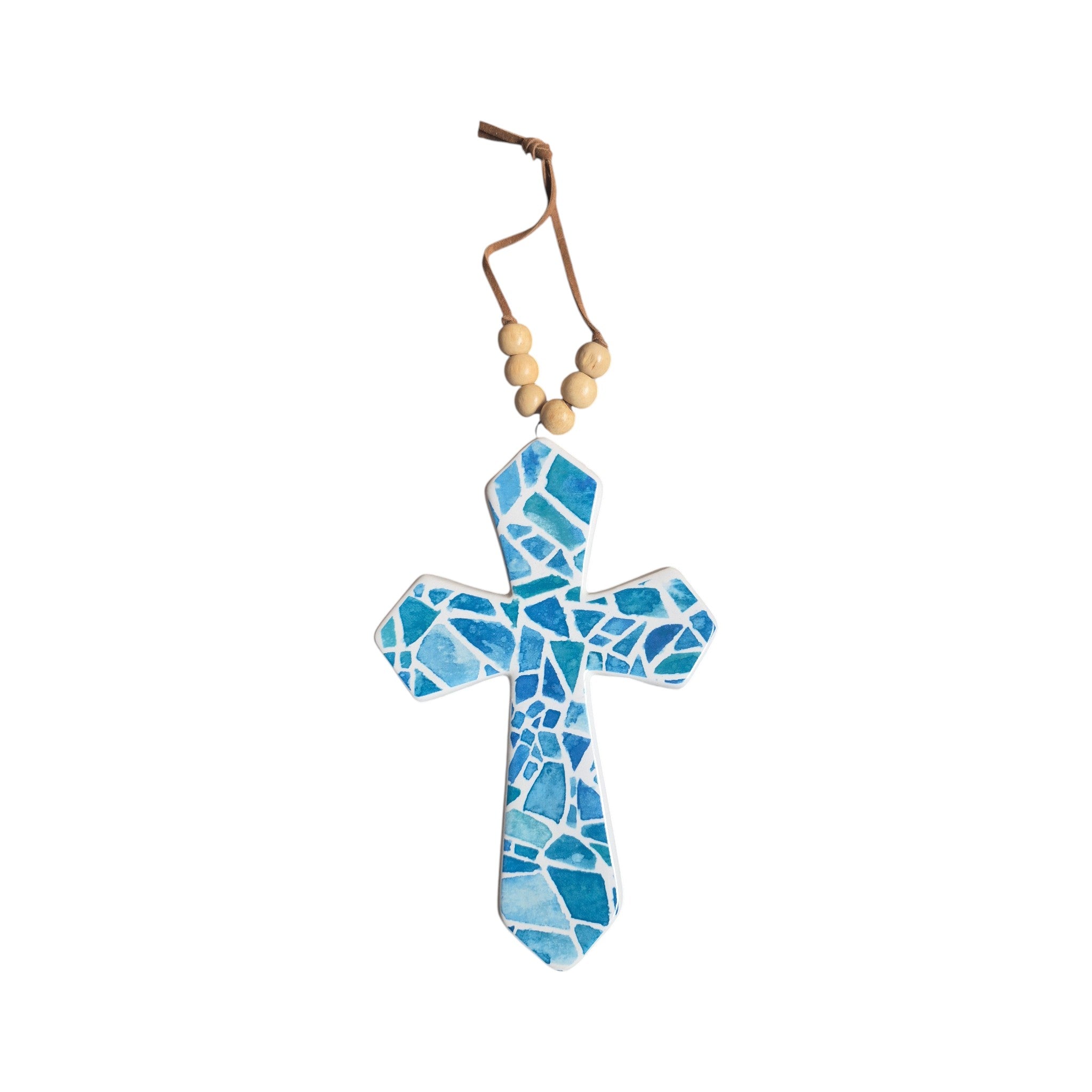 Small Crystal Blue Mosaic Ceramic Hanging Cross wall decor by Loren Boyd, featuring vibrant blue mosaic tiles and a ceramic finish. nz