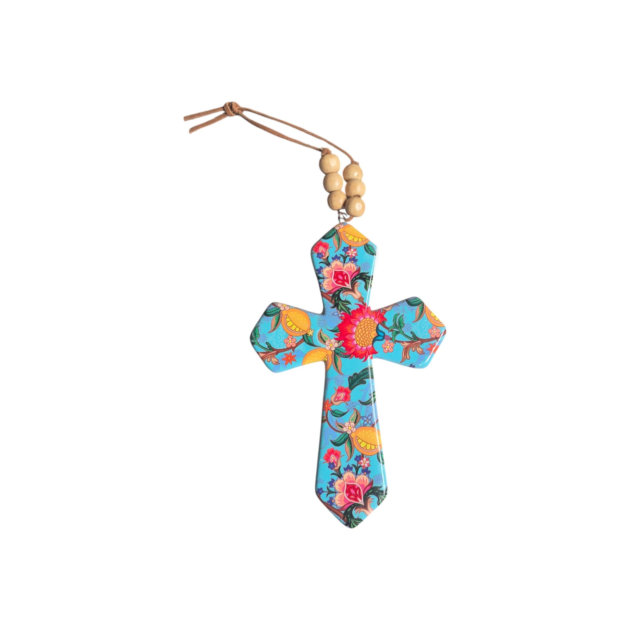 Floral Aqua Background Ceramic Hanging Cross Small 14.5cm x 9.5cm nz