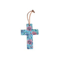 Square Corner Blue & Pink Floral Ceramic Hanging Cross Small 12cm x 8.5cm NZ