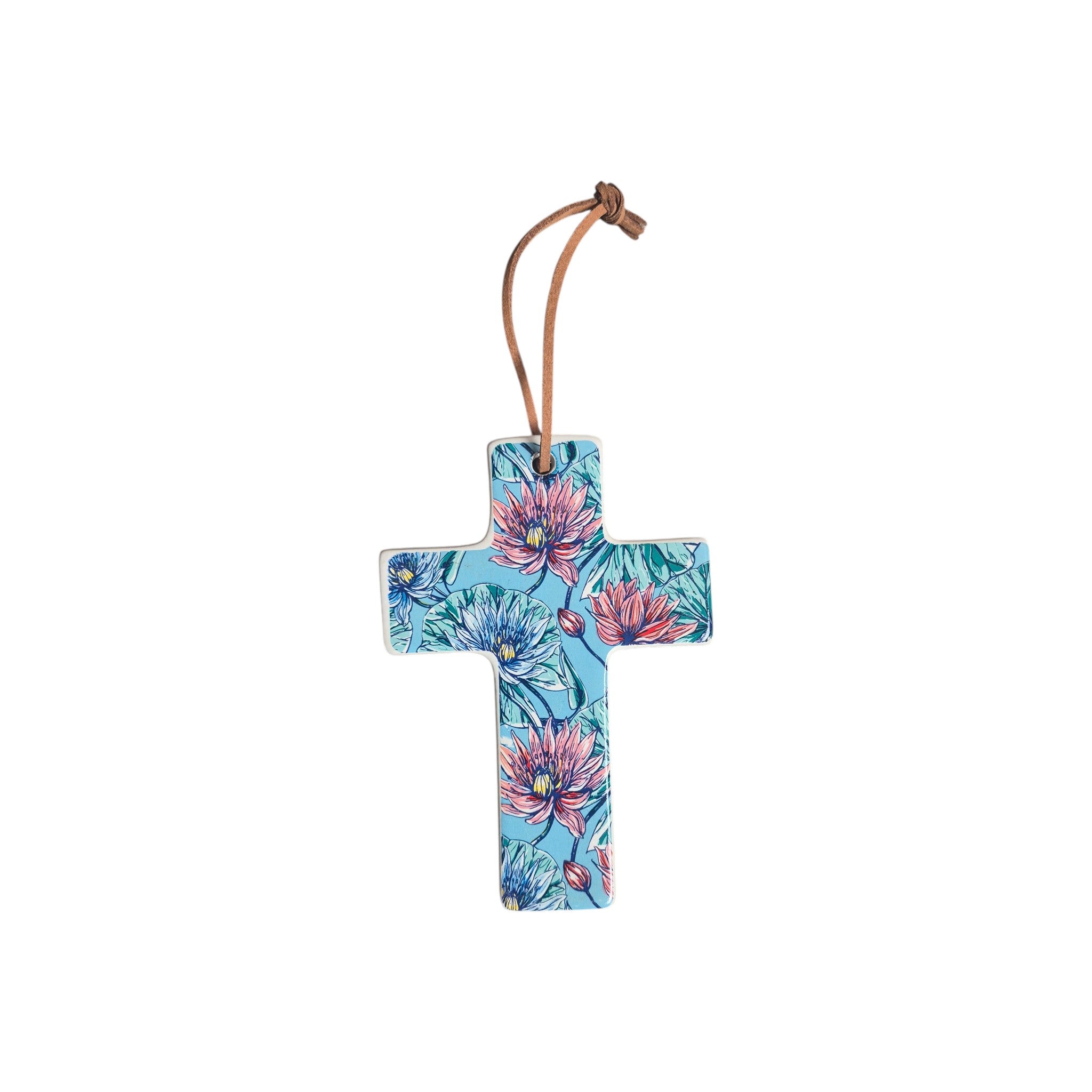 Square Corner Blue & Pink Floral Ceramic Hanging Cross Small 12cm x 8.5cm NZ