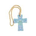 Blue ceramic bird and cross wall decor by Loren Boyd, with long bead string, cork back, measuring 14.5cm by 12cm. nz