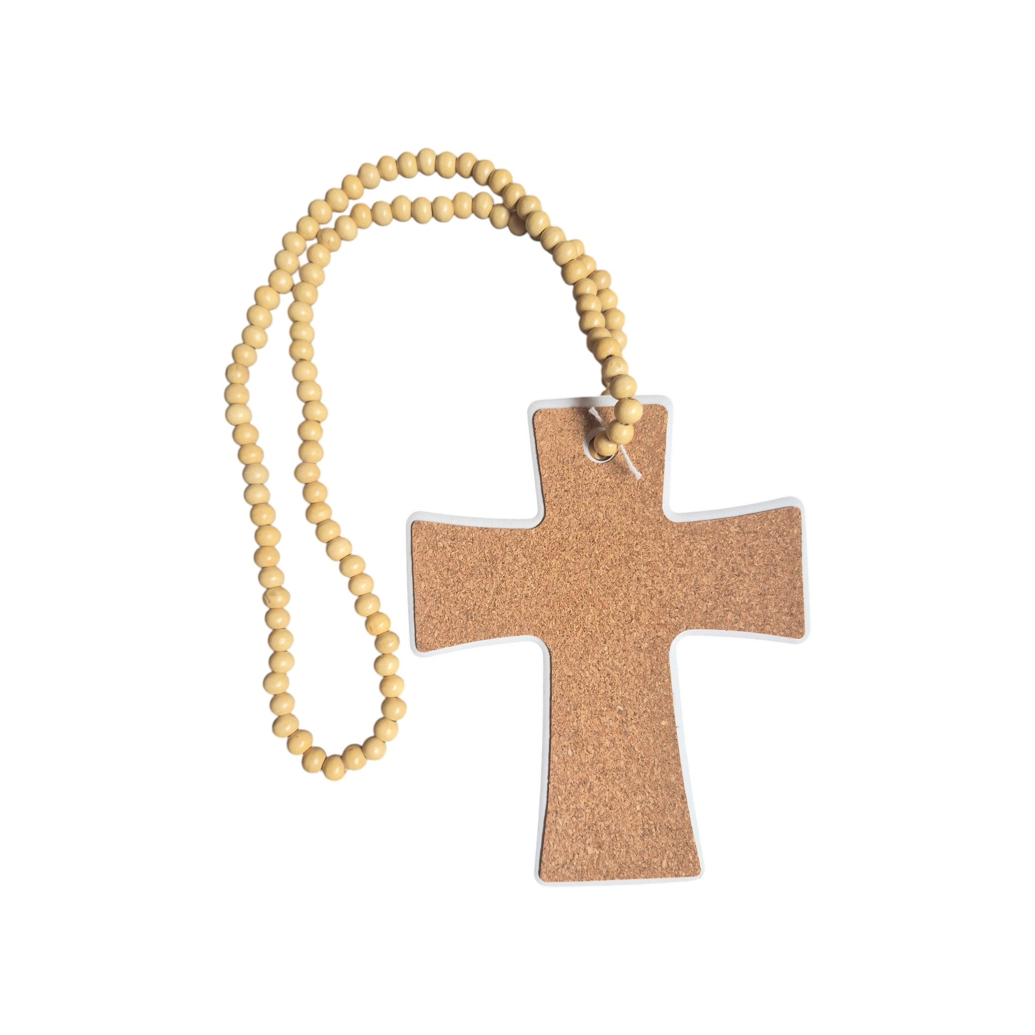 Blue bird song ceramic wall decor by Loren Boyd featuring a cork-backed long bead string hanging cross, 14.5cm x 12cm. nz