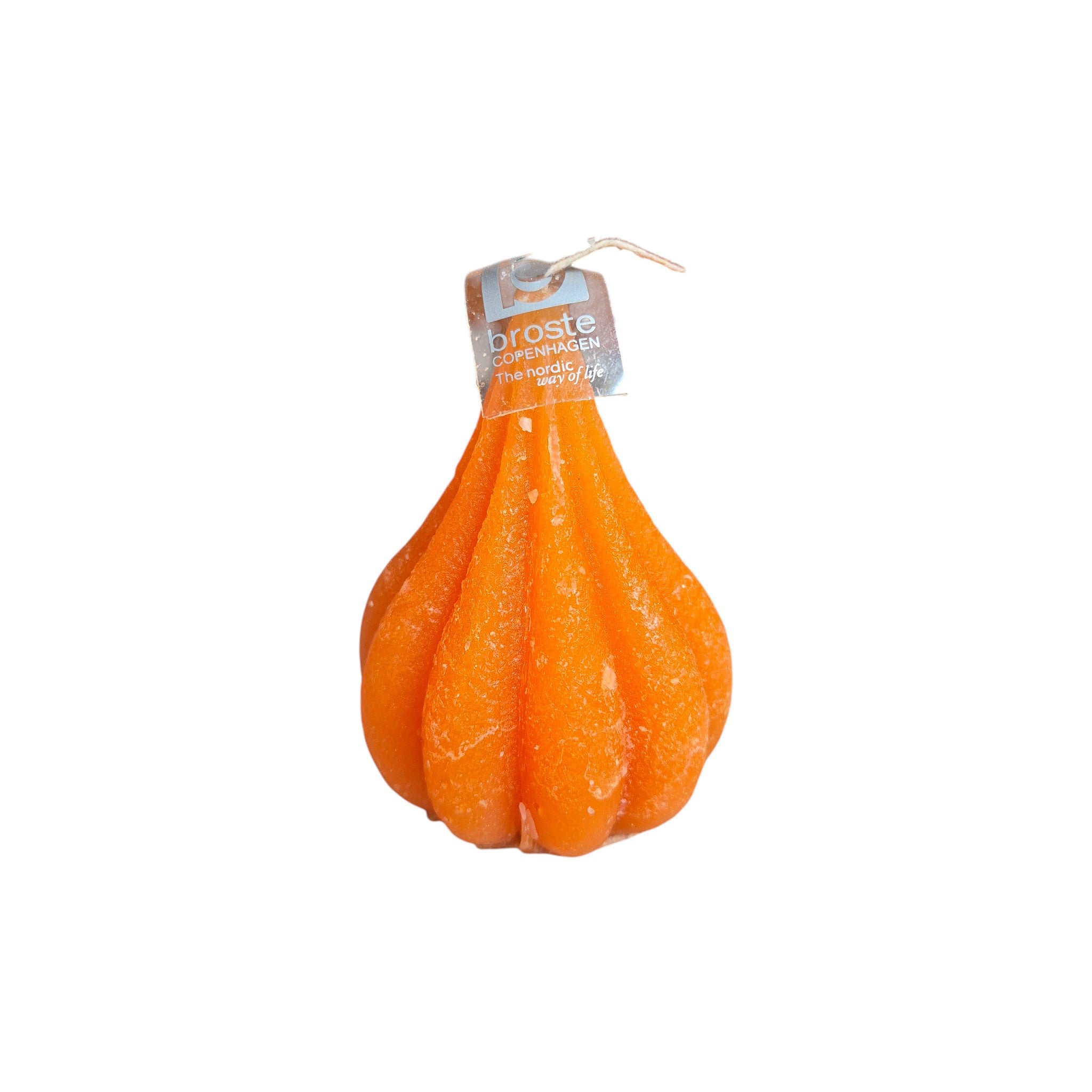 Broste Copenhagen orange onion candle, 10cm tall, with a textured candle design and warm orange color, placed on a neutral surface. nz
