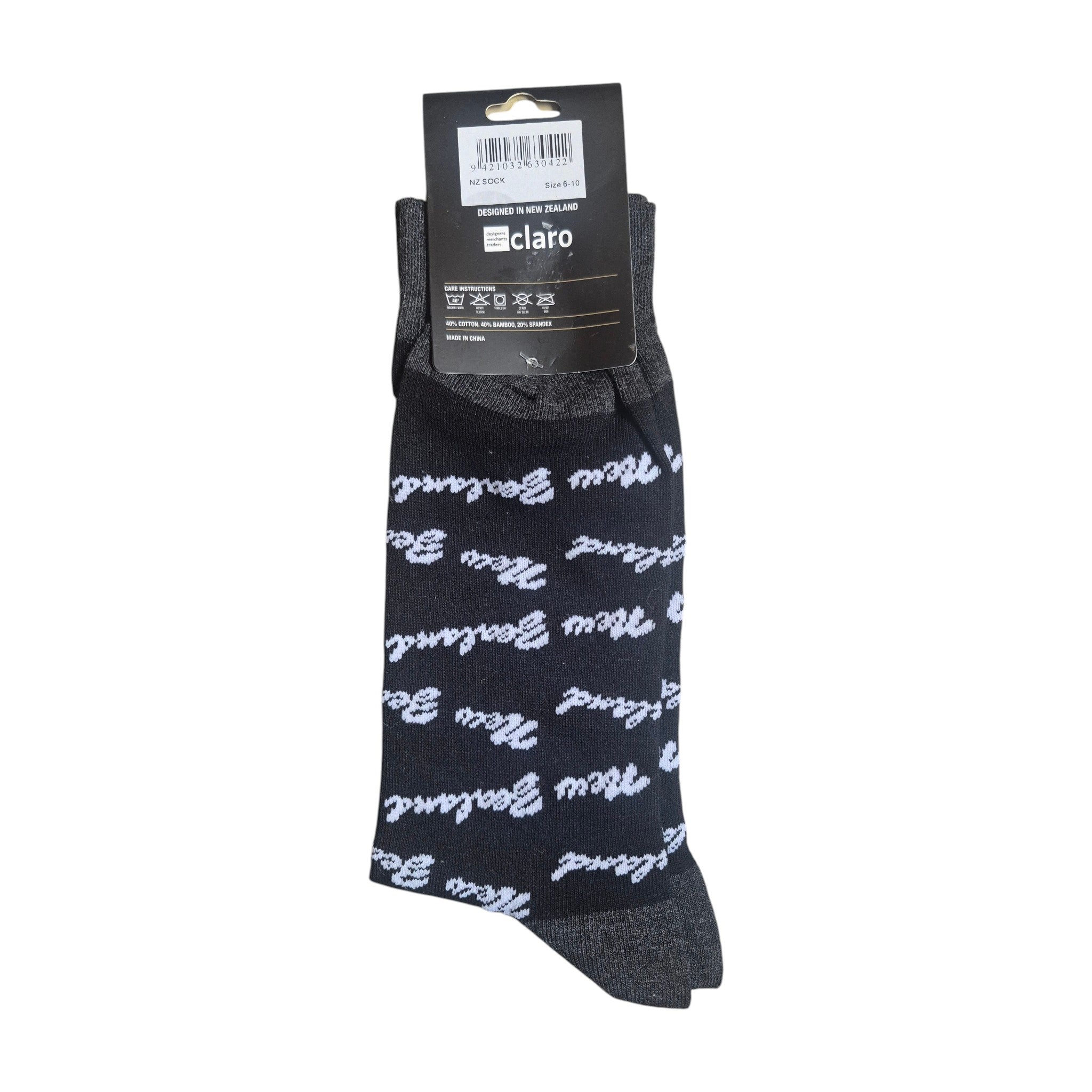 Claro Men's New Zealand Script Sock Size 6-10 soft cotton-bamboo blend nz