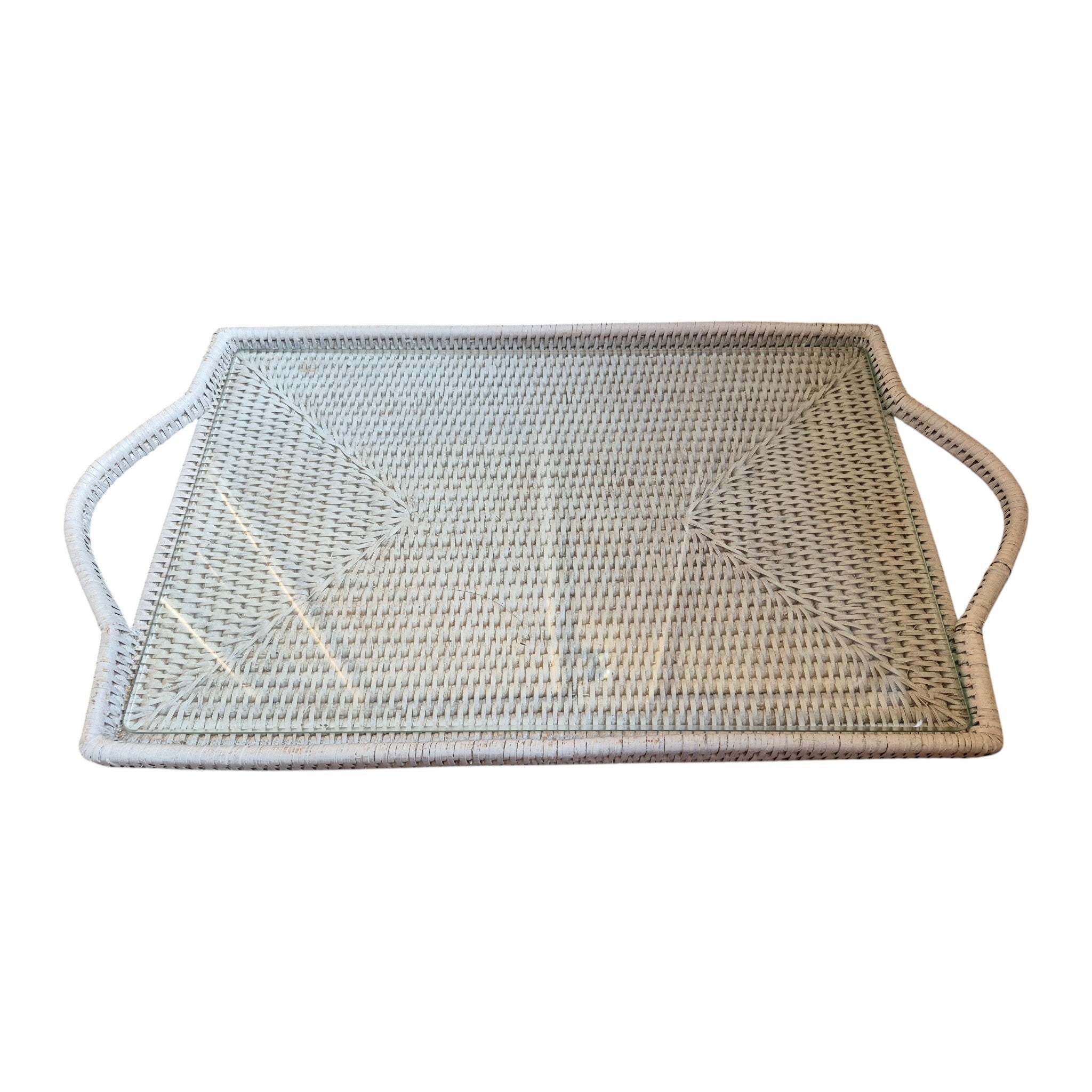 White Rattan Tray with Glass Insert & Handles 40cm x 27cm nz