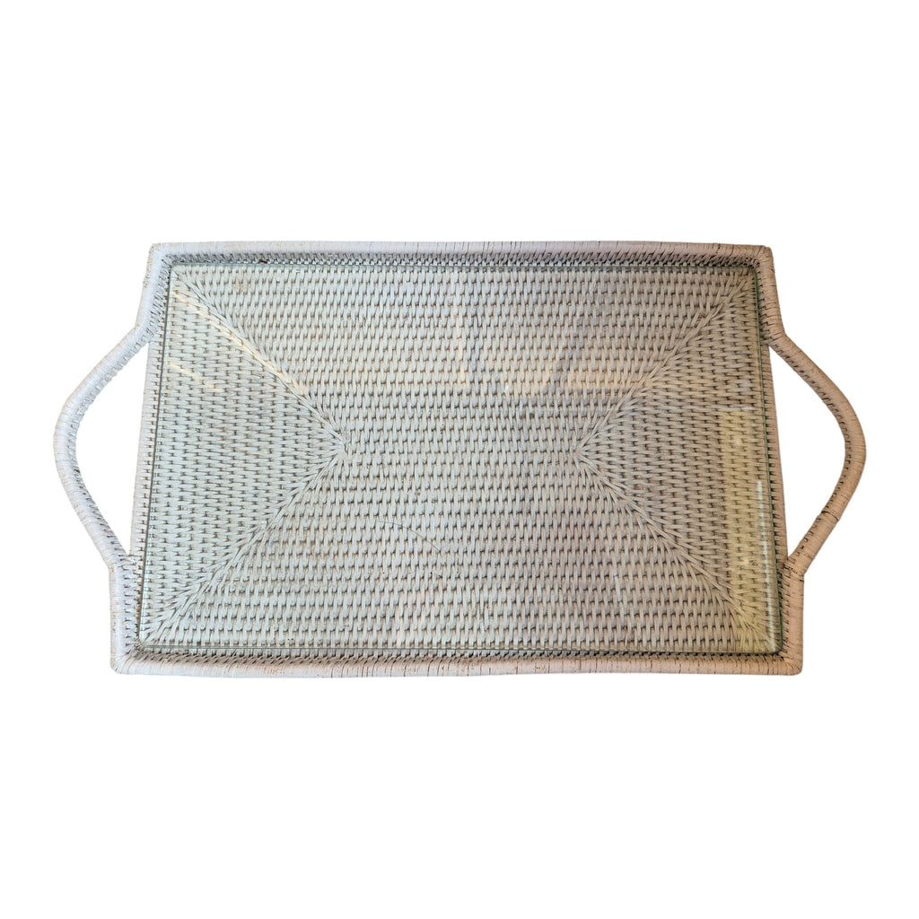 White Rattan Tray with Glass Insert & Handles 40cm x 27cm nz