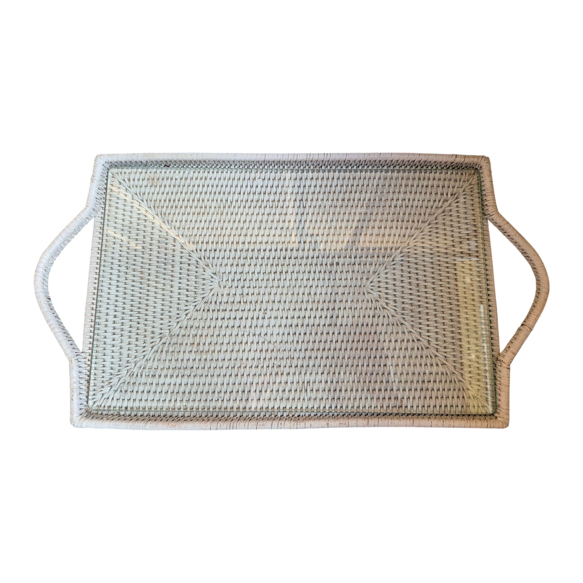 White Rattan Tray with Glass Insert & Handles 40cm x 27cm nz