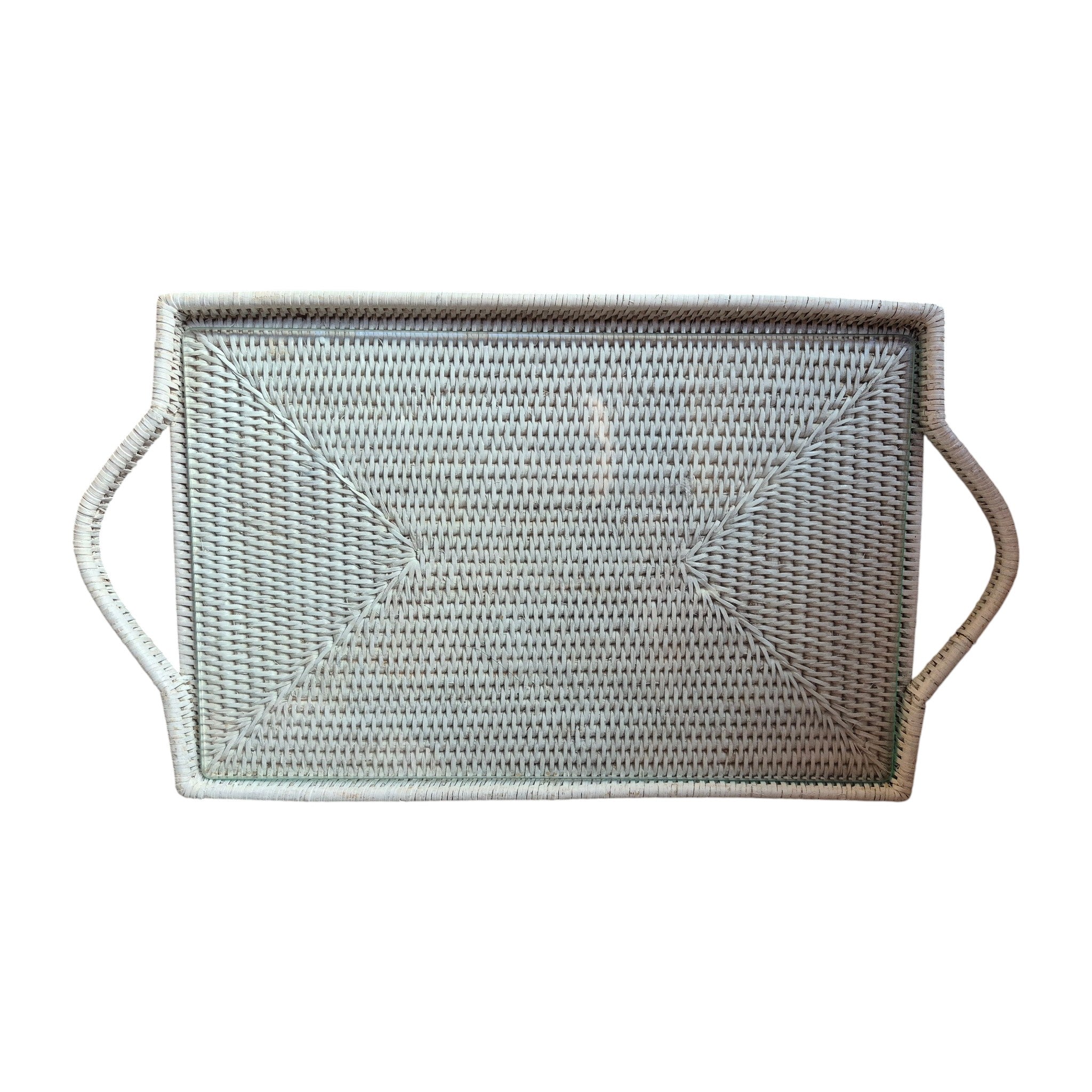 White Rattan Tray with Glass Insert & Handles 40cm x 27cm nz