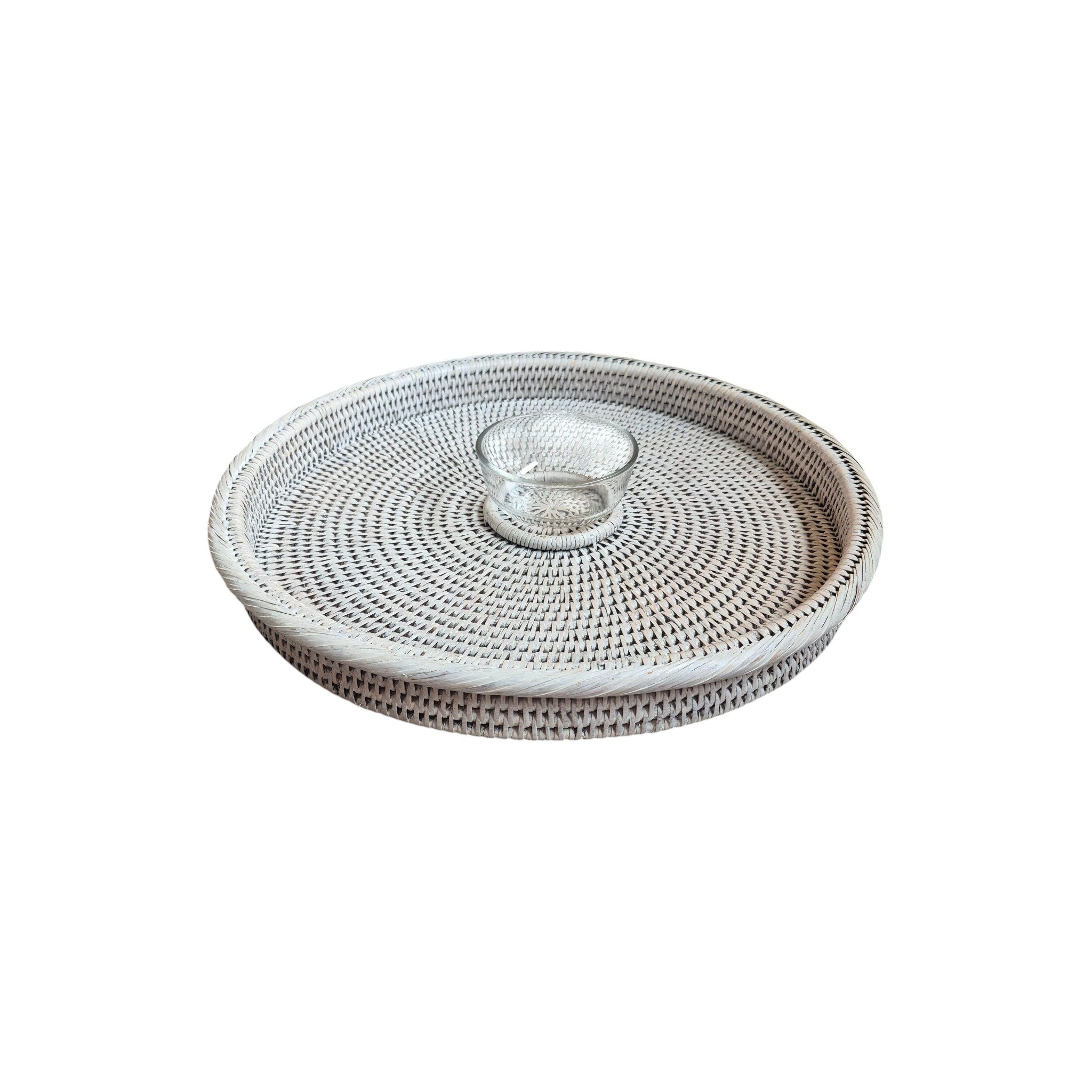 White Rattan Food Platter with Glass Bowl 45cm | Entertaining Serveware nz