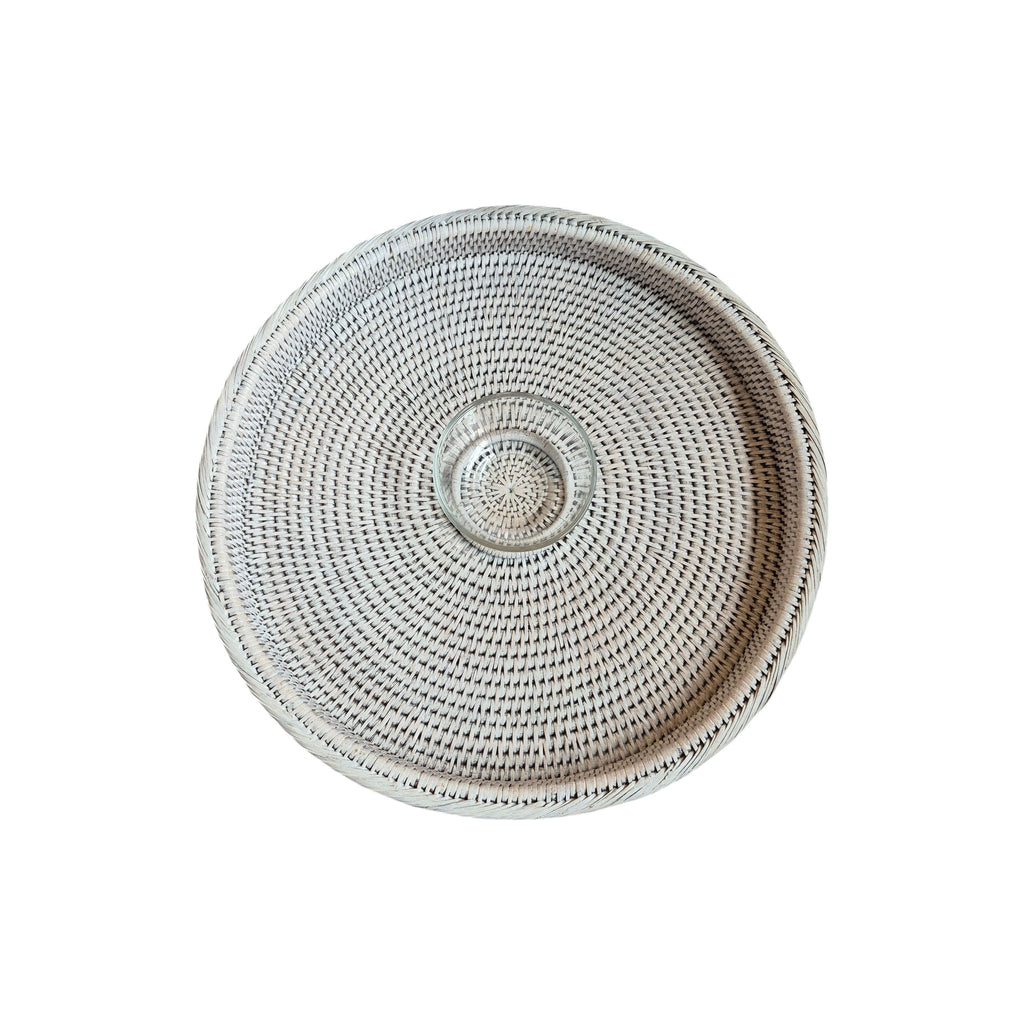 White Rattan Food Platter with Glass Bowl 45cm | Entertaining Serveware nz