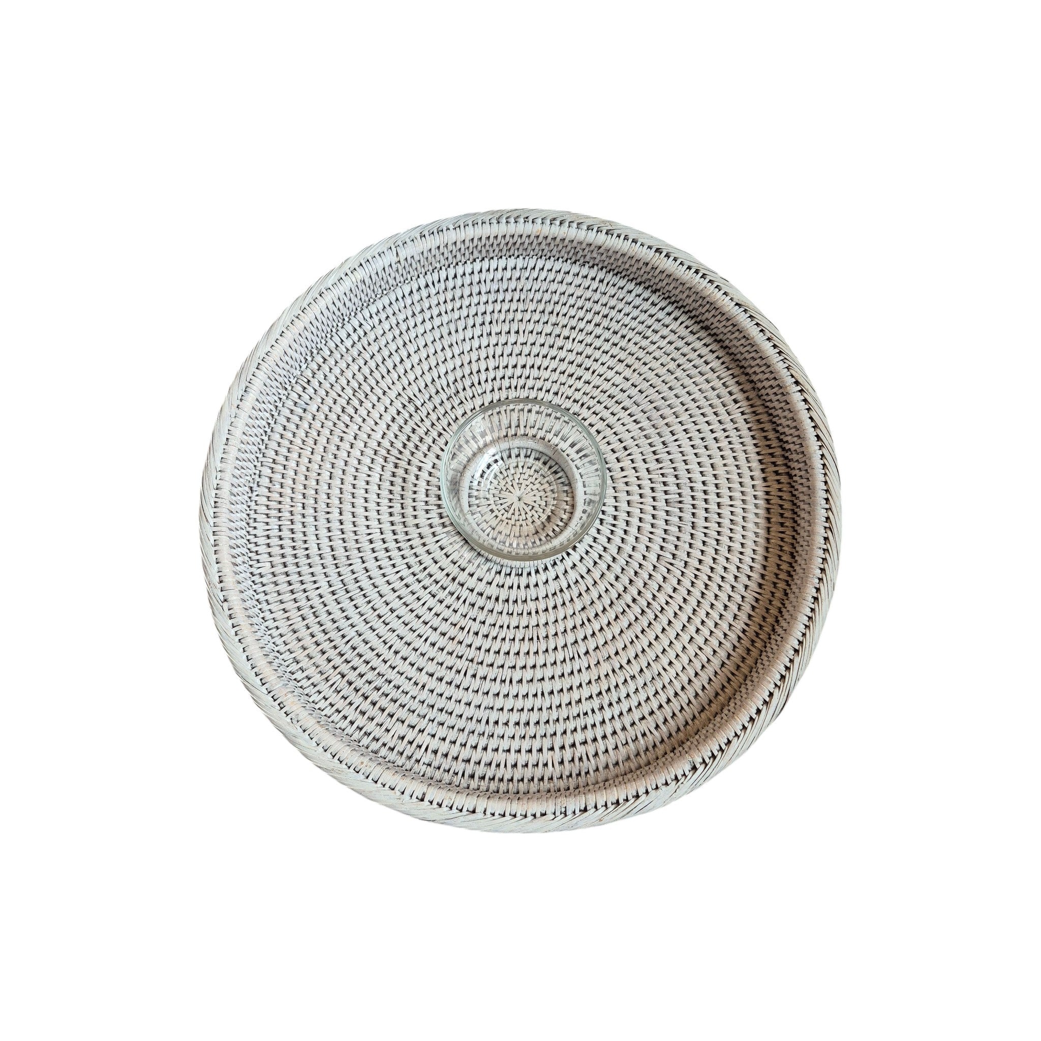 White Rattan Food Platter with Glass Bowl 45cm | Entertaining Serveware nz