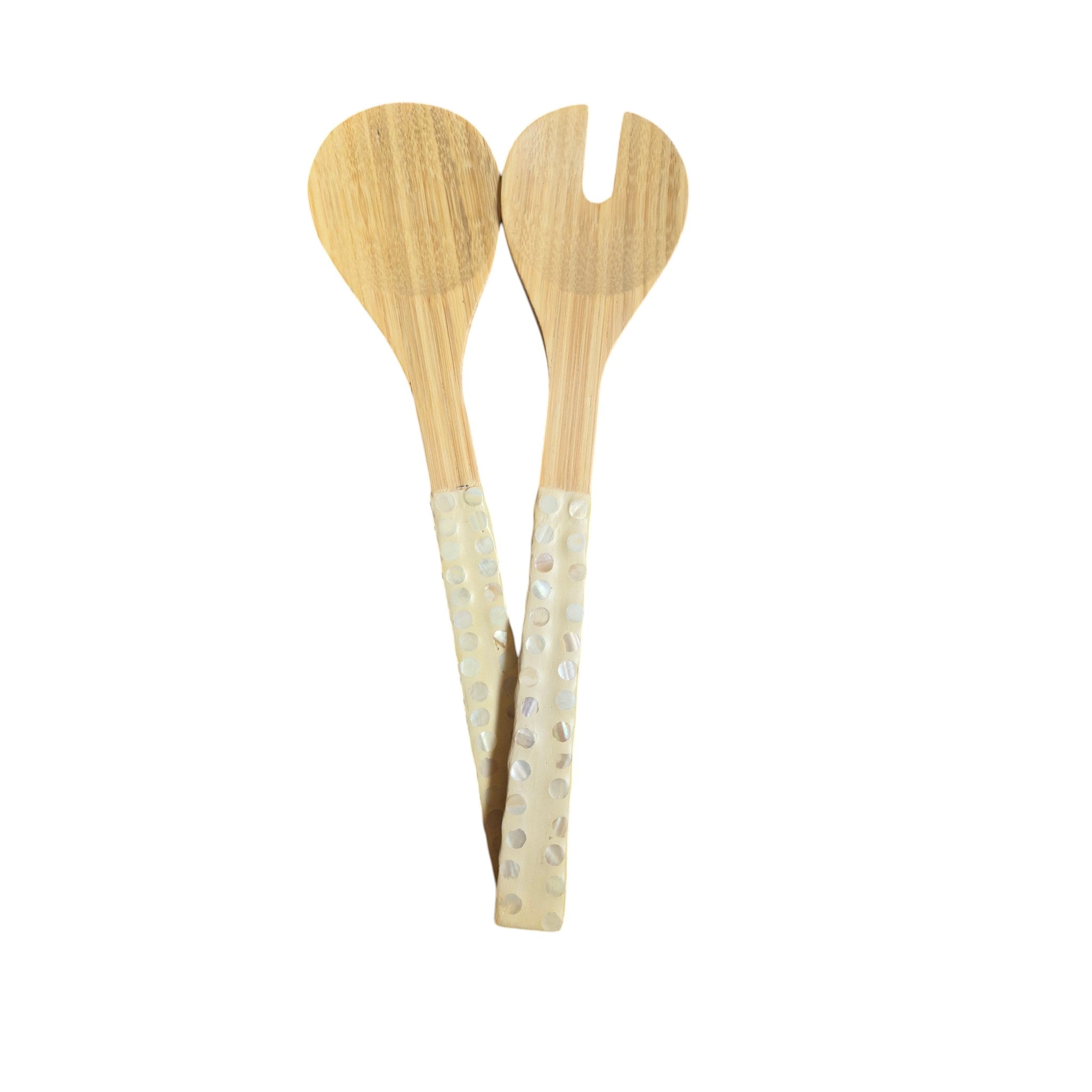 Bamboo Shell Inlay Salad Servers | Artisan Serving Set white nz