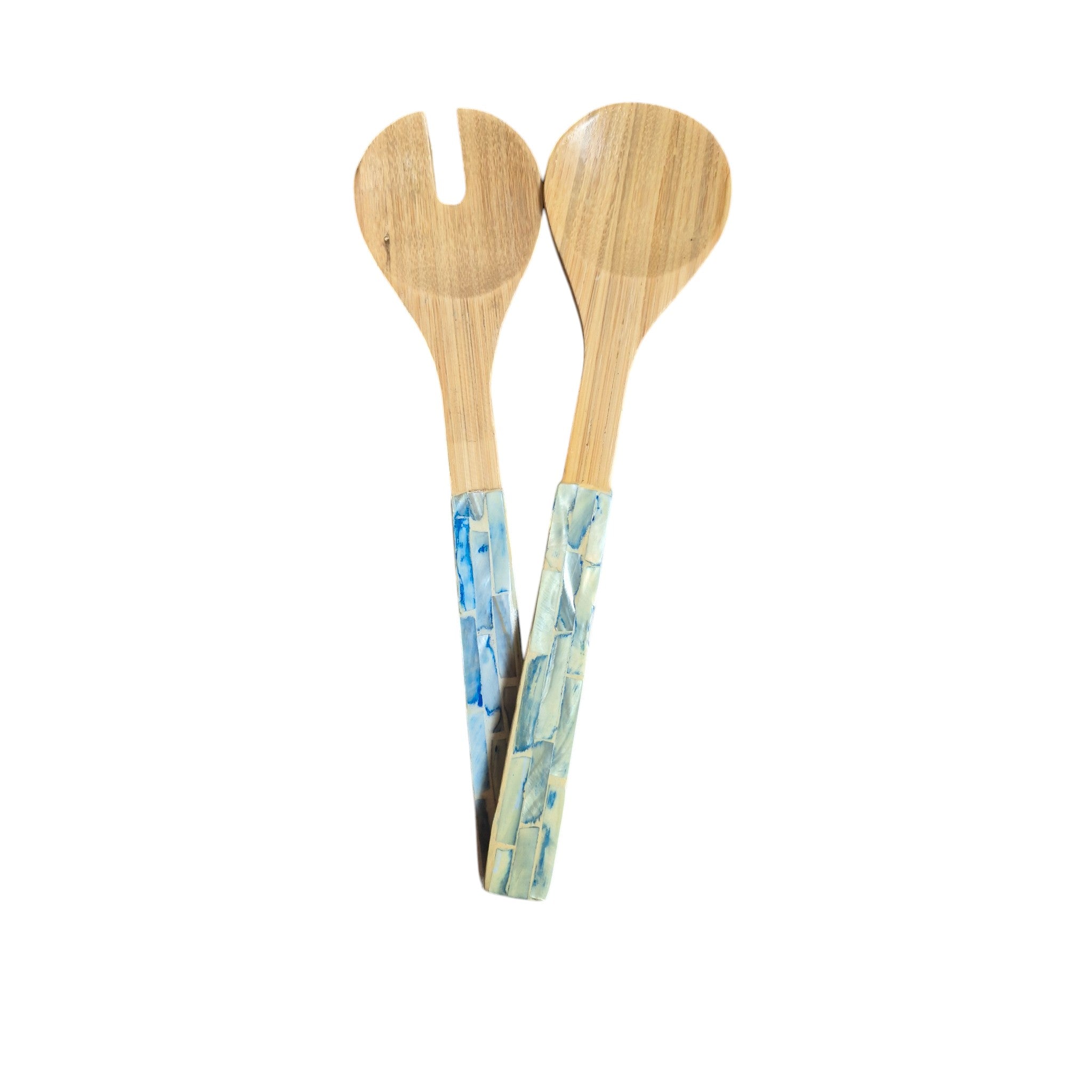Bamboo Shell Inlay Salad Servers | Artisan Serving Set blue nz