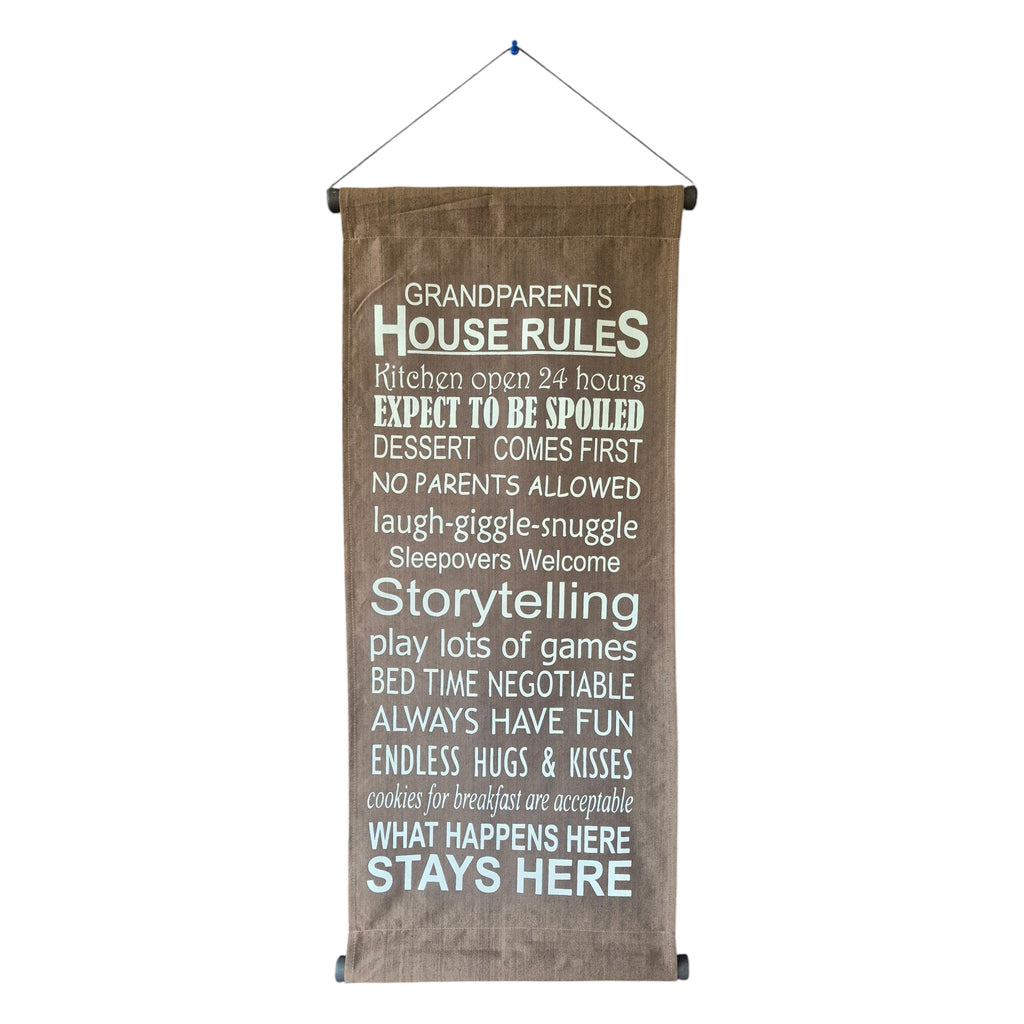 Grandparents House Rules Fabric Scroll | 34cm x 83cm Brown nz