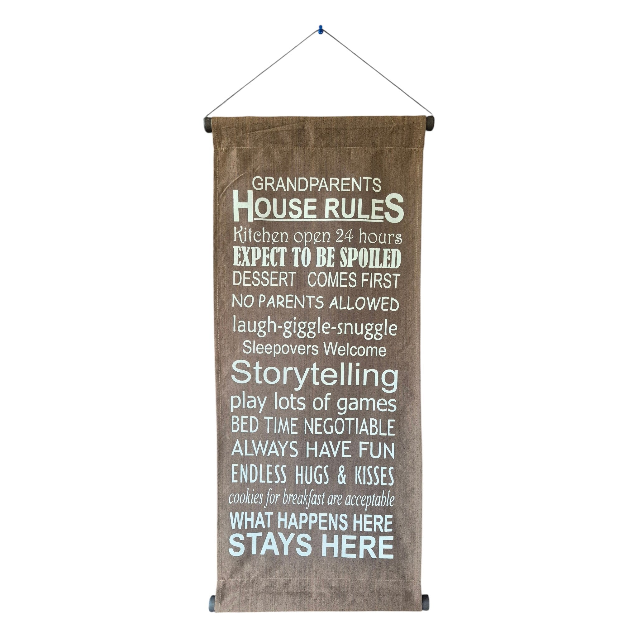 Grandparents House Rules Fabric Scroll | 34cm x 83cm Brown nz