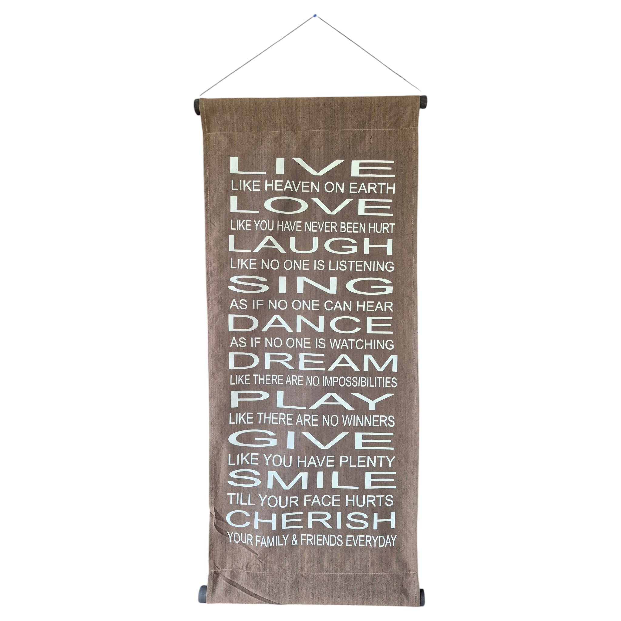 'Live Like Heaven on Earth' Inspirational Fabric Scroll | 34cm x 83cm Brown nz