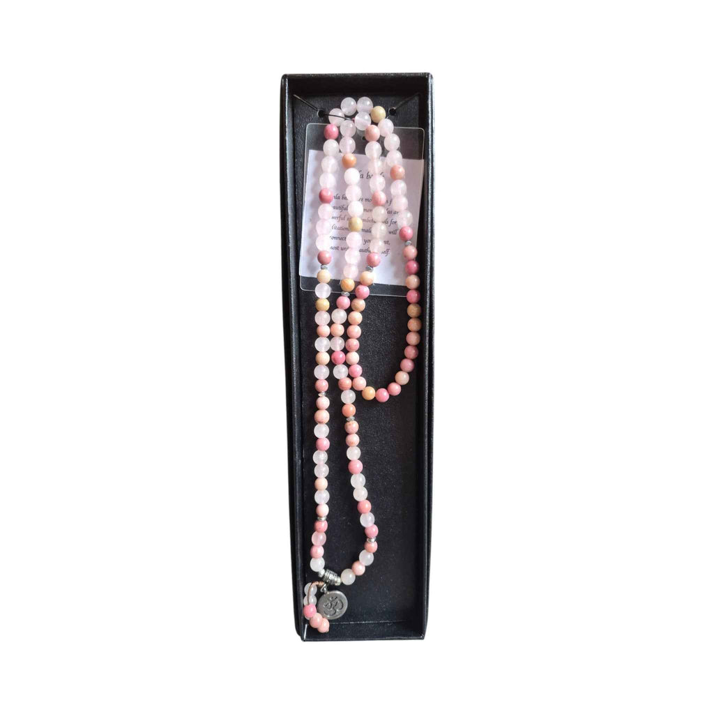 Mala Meditation Bead Necklace - Rhodochrosite & Rose Quartz - 68cm