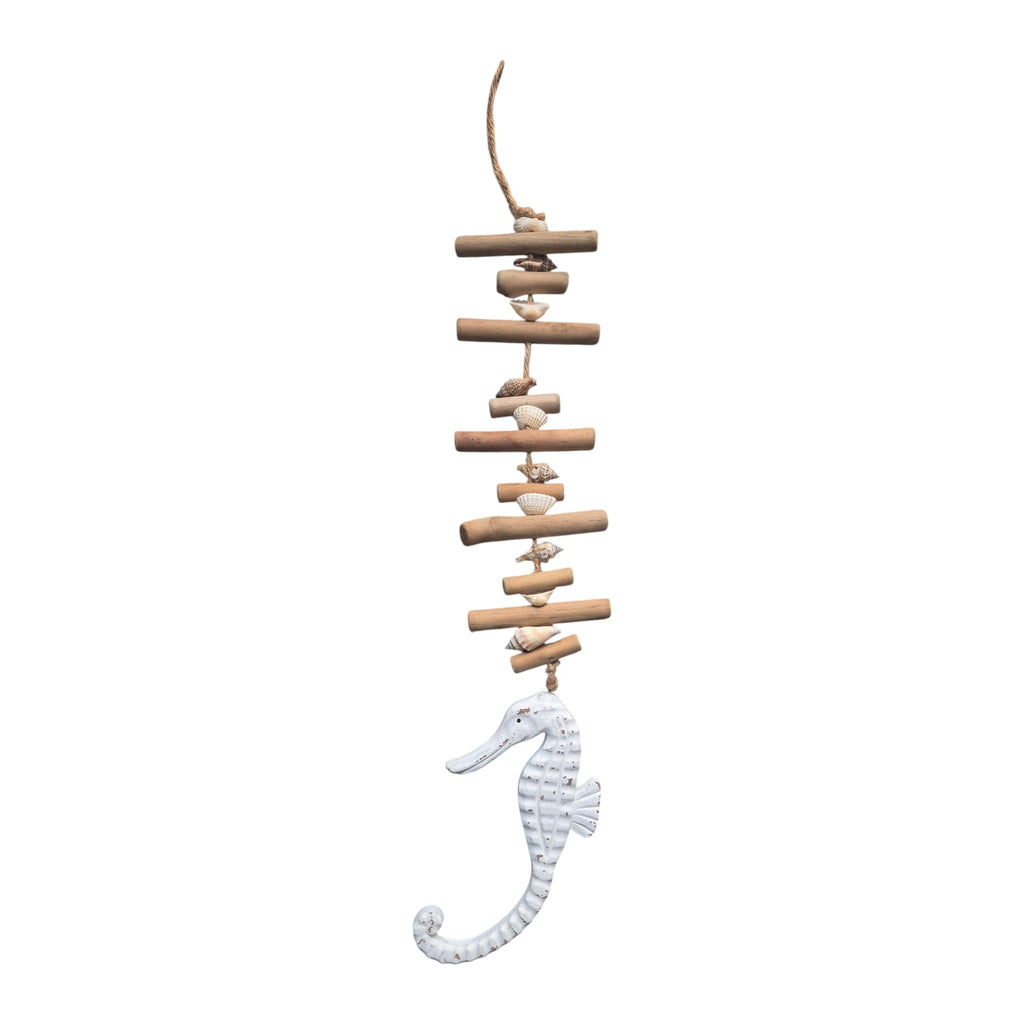 Seahorse driftwood shell garland approximately 66cm, full view showing cascading driftwood branches with shells and whitewashed seahorse pendant nz Loren Boyd