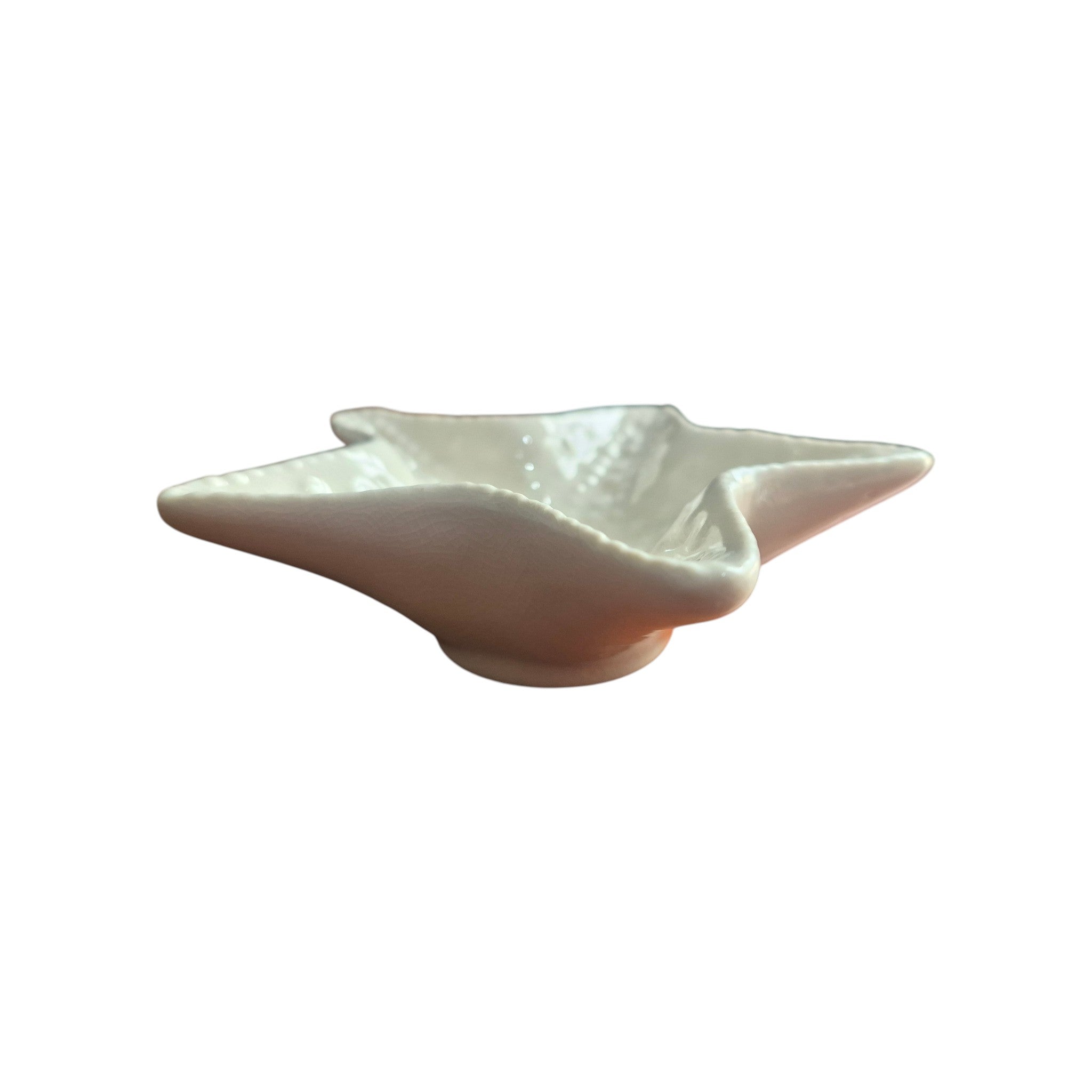 White ceramic starfish trinket dish, side view showing gently concave interior bowl and pearlescent glaze finish nz Loren Boyd