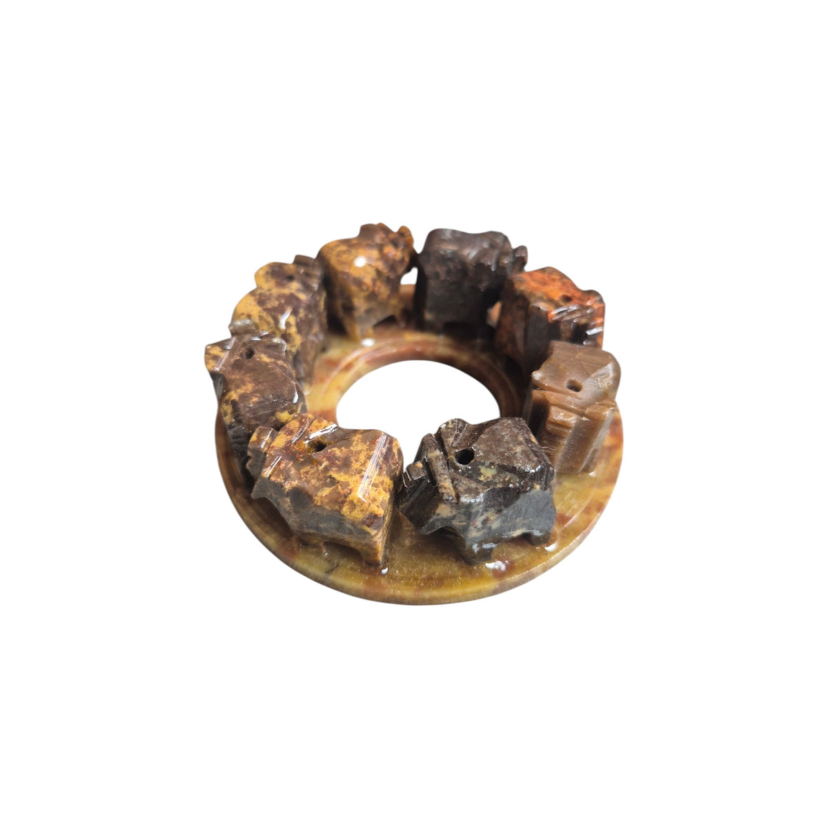 Soapstone Circle of Elephants incense burner with metal mesh bowl on carved elephant base