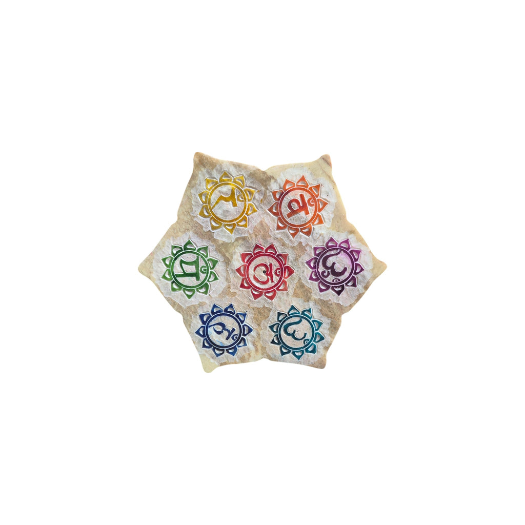 Top view of pale soapstone lotus incense holder with seven coloured chakra symbols