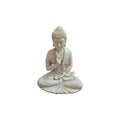 Front view of seated white resin Buddha with one hand raised in a protective gesture