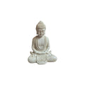 Front view of white resin seated Buddha with patterned robe and floral front panel