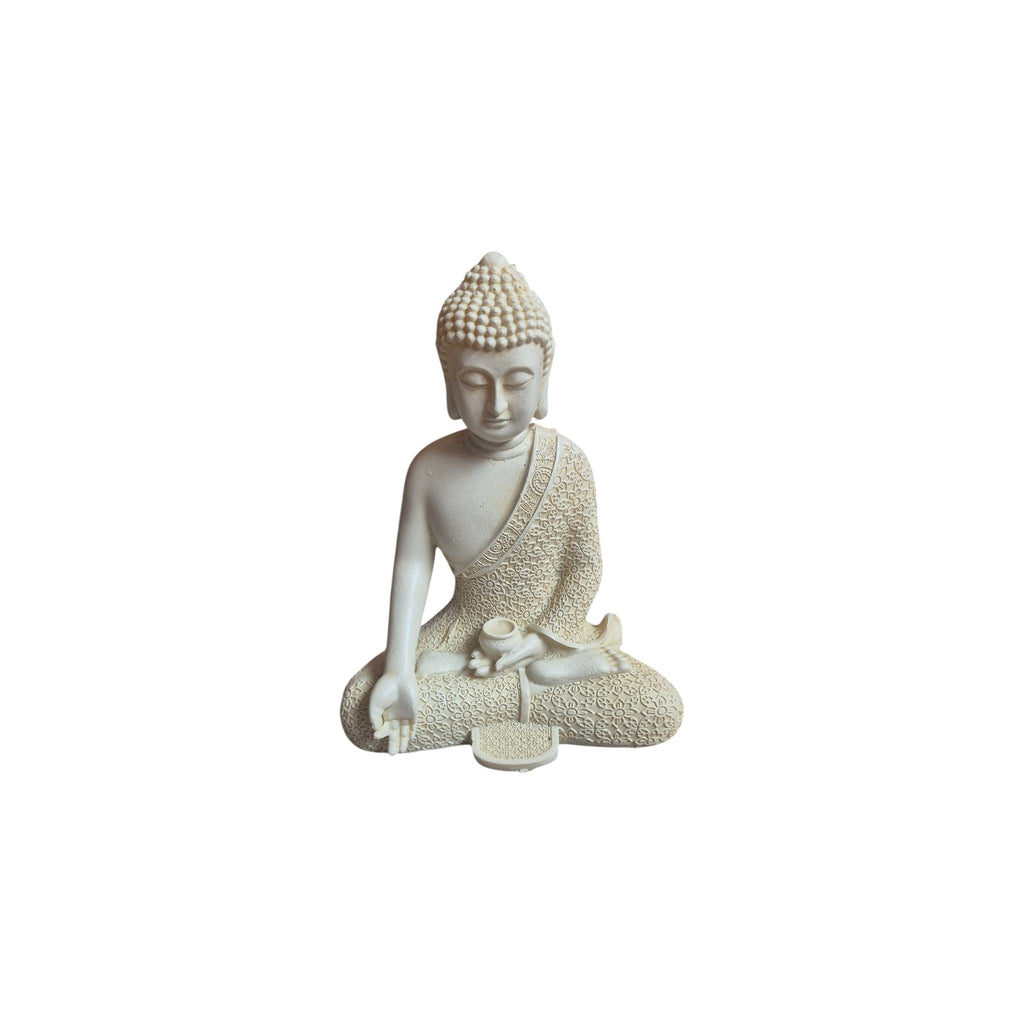Front view of seated white resin Varada Mudra Buddha figure with patterned robe