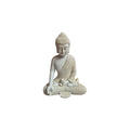 Front view of seated white resin Varada Mudra Buddha figure with patterned robe