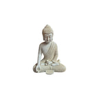Front view of seated white resin Varada Mudra Buddha figure with patterned robe