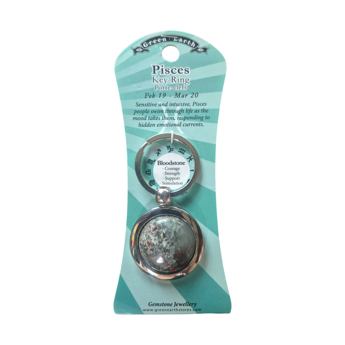 Zodiac Pisces Keychain with Bloodstone gemstone in silver locket frame on teal display card