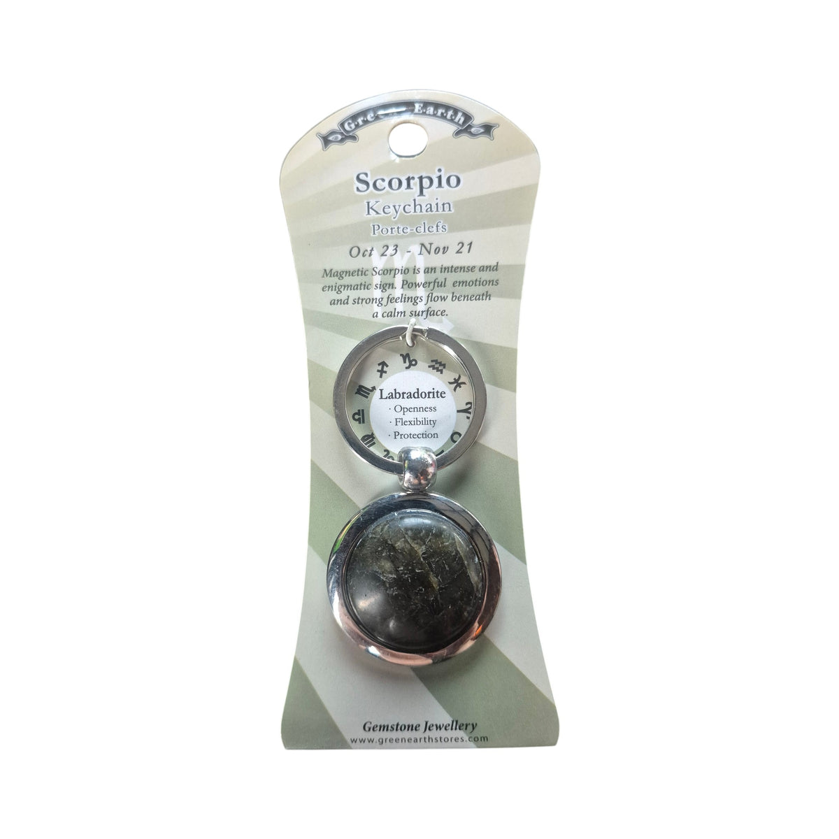 Zodiac Scorpio Keychain with Labradorite gemstone in silver locket frame on green display card