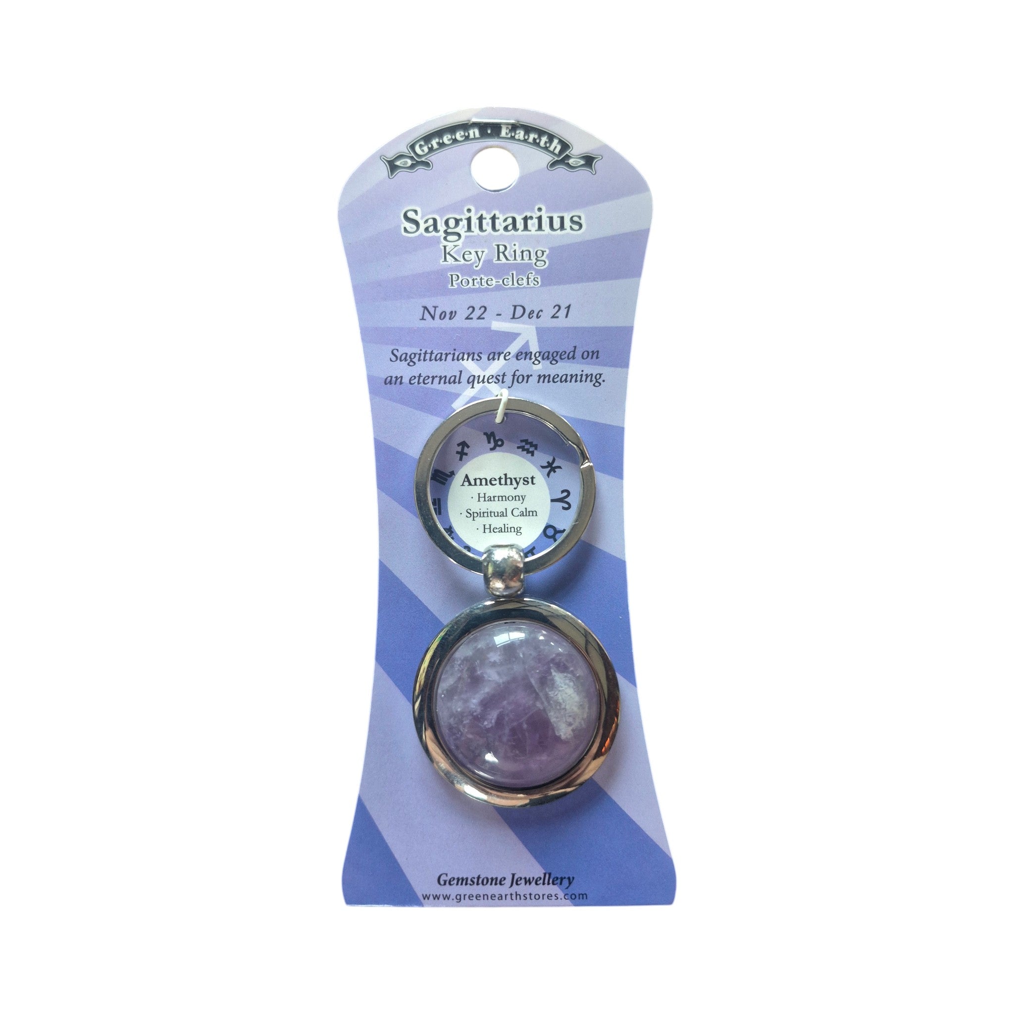 Zodiac Sagittarius Keychain with Amethyst gemstone in silver locket frame on blue display card