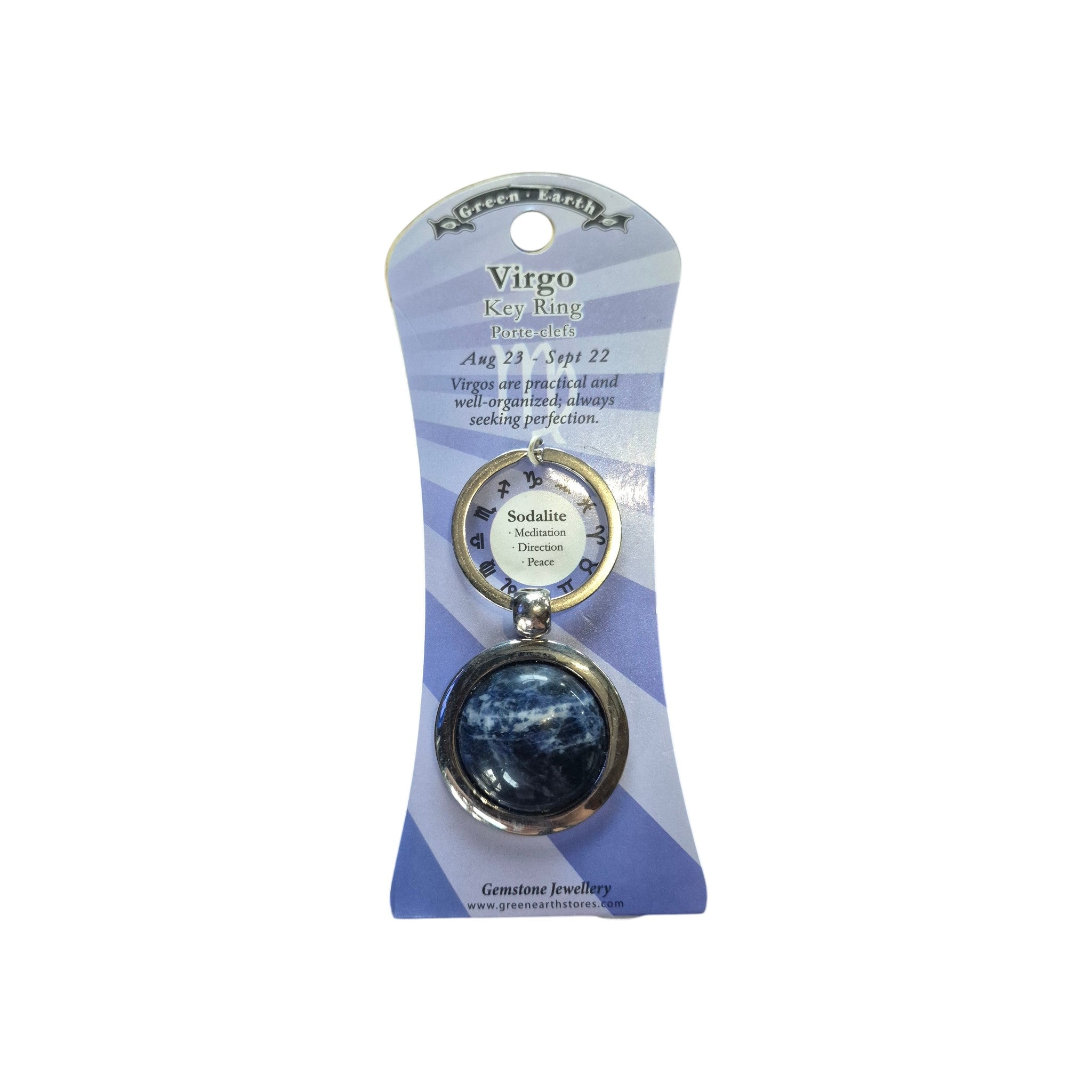 Zodiac Virgo Keychain with Sodalite gemstone in silver locket frame on blue display card