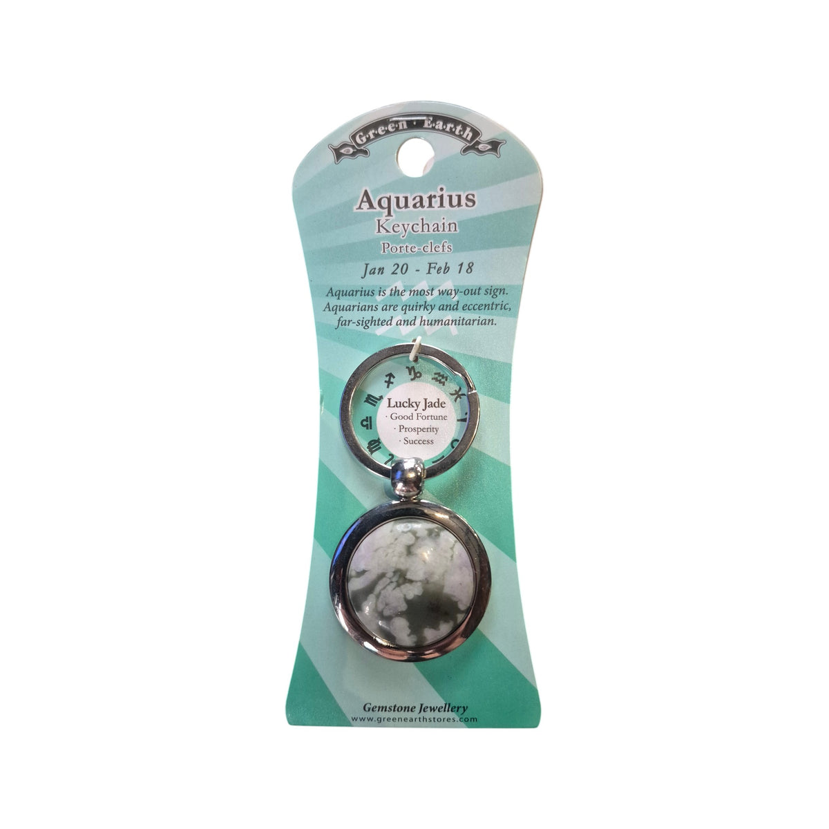 Zodiac Aquarius Keychain with Lucky Jade gemstone in silver locket frame on teal display card