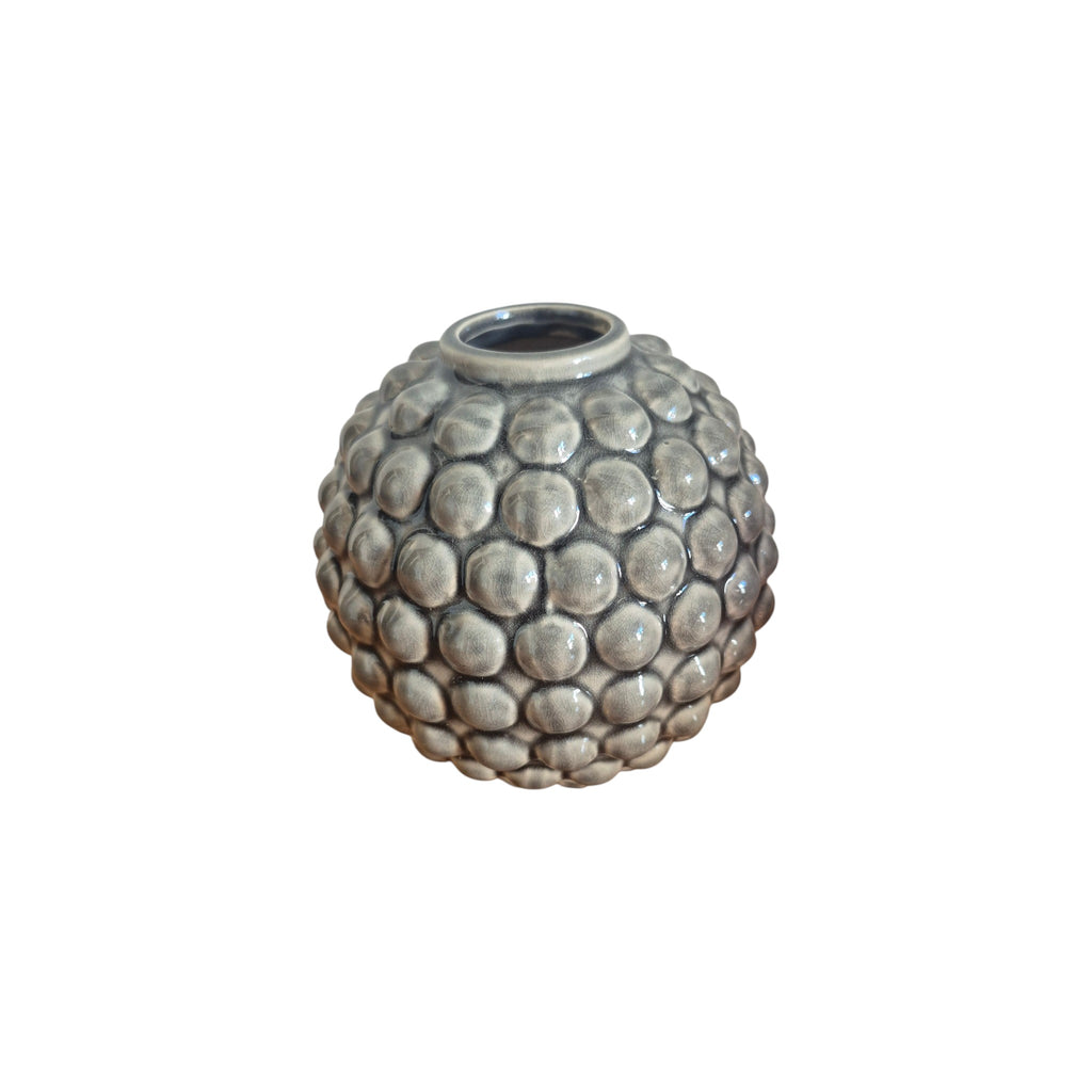 Grey Bobble Vase by Broste Copenhagen - angled front view showing raised bobble texture and narrow neck opening