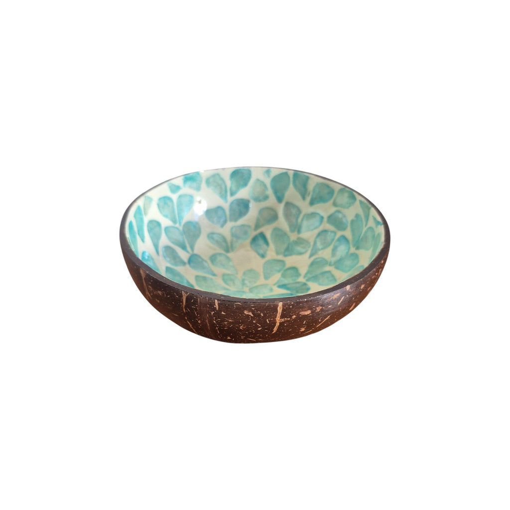 Flower Mist Coconut Bowl angled view showing teal capiz shell flower petal mosaic interior and natural coconut exterior
