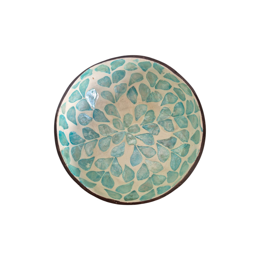 Flower Mist Coconut Bowl top down view showing full capiz shell flower petal pattern in aqua and teal