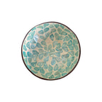 Flower Mist Coconut Bowl top down view showing full capiz shell flower petal pattern in aqua and teal