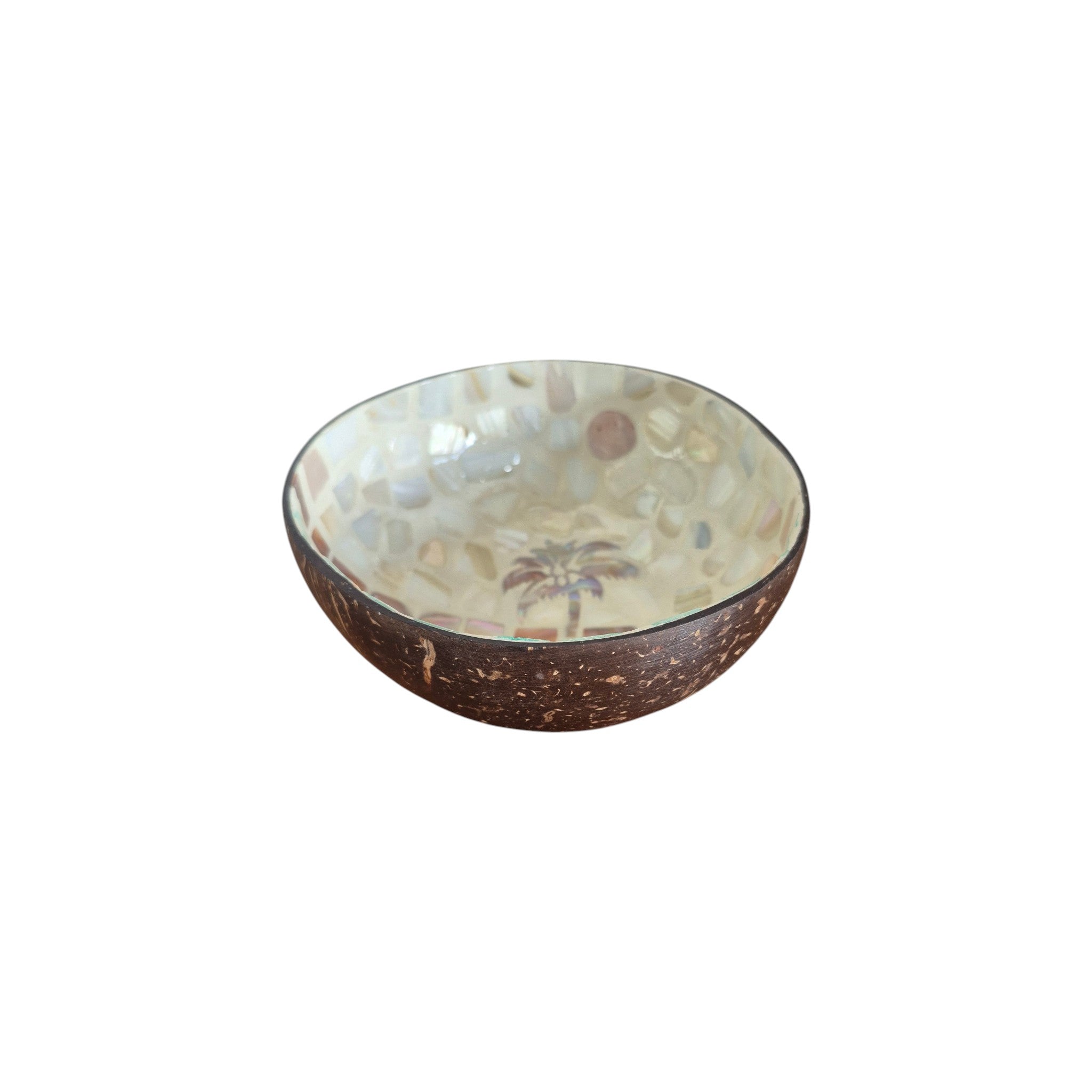 Bali Hi Coconut Bowl angled view showing pearlescent mother-of-pearl interior with palm tree motif and natural coconut exterior