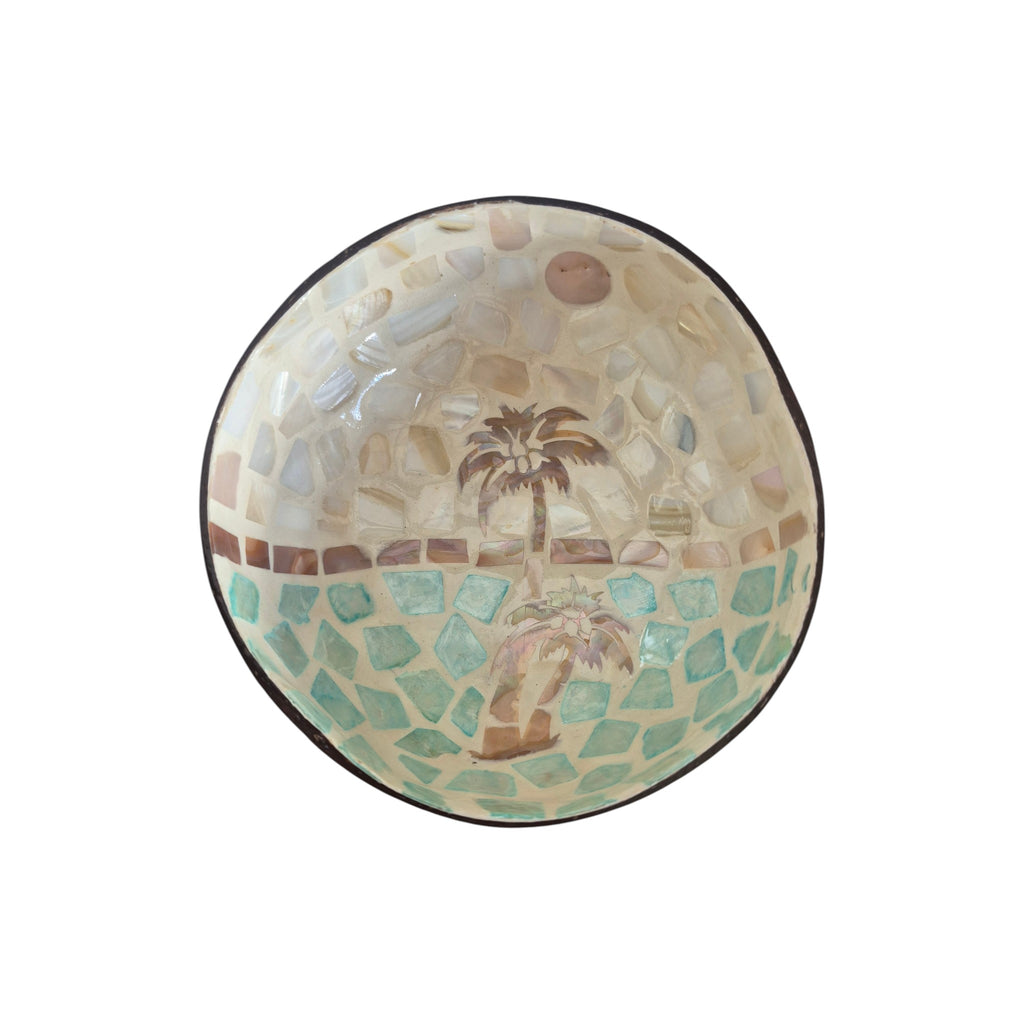 Bali Hi Coconut Bowl top down view showing full tropical palm tree scene in teal and neutral mother-of-pearl mosaic